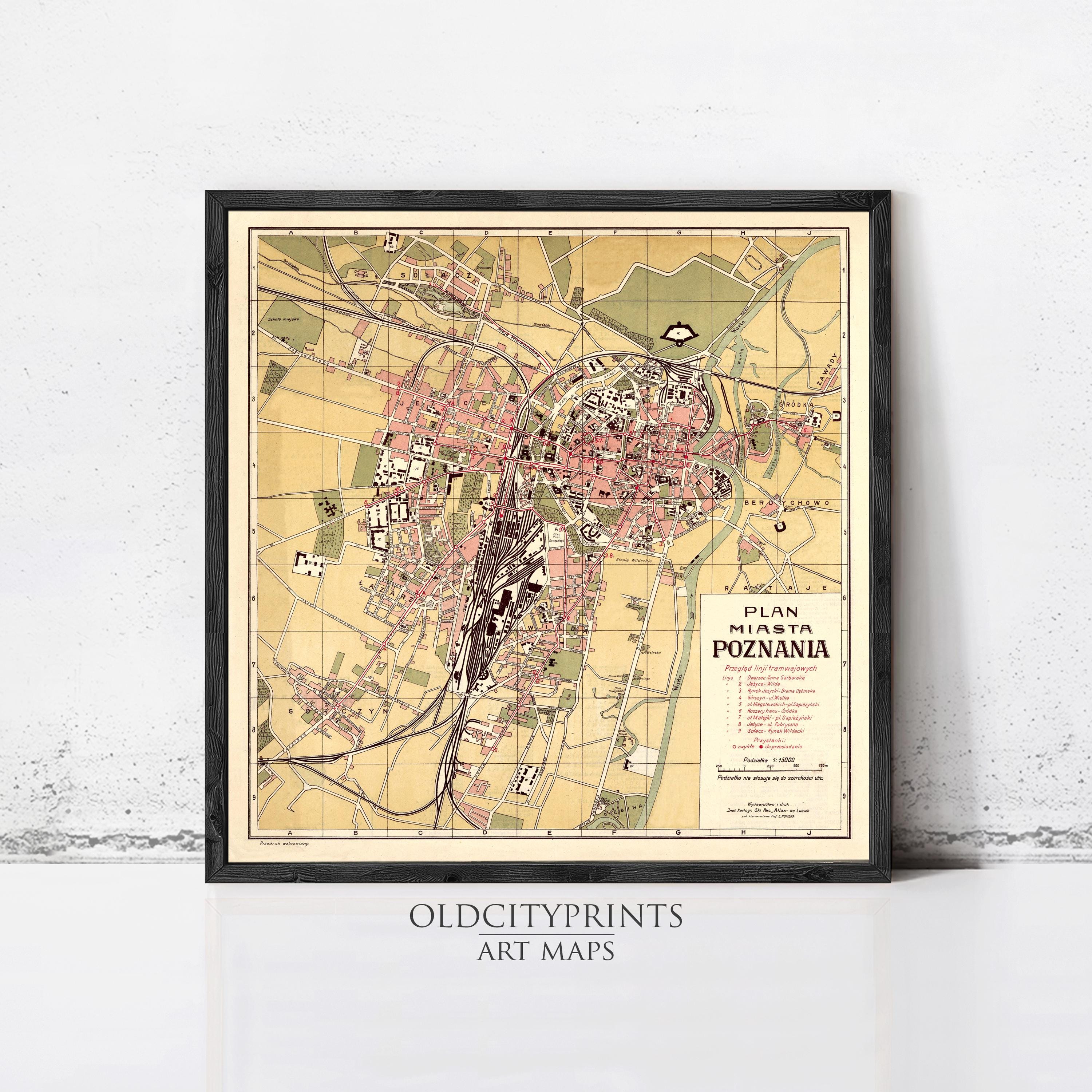 The image is a framed vintage map of Poznan, Poland, depicting the city's layout and surrounding areas.