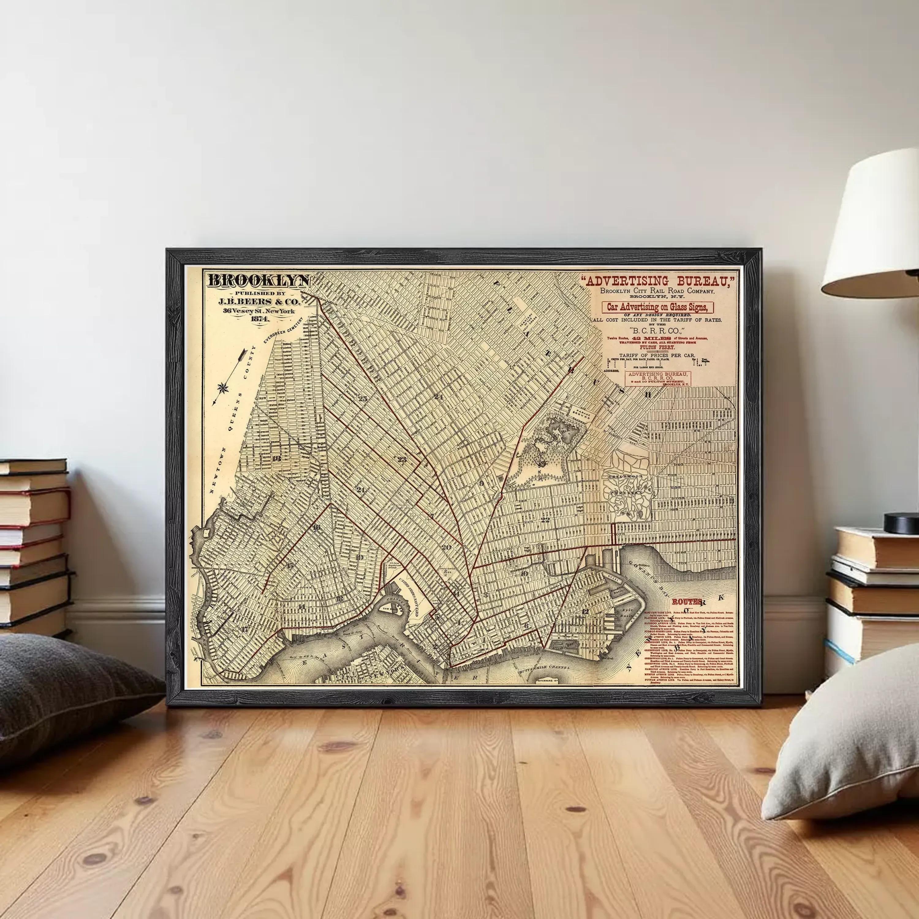 The image is a framed vintage map of Brooklyn, New York, depicting the city's streets and neighborhoods.