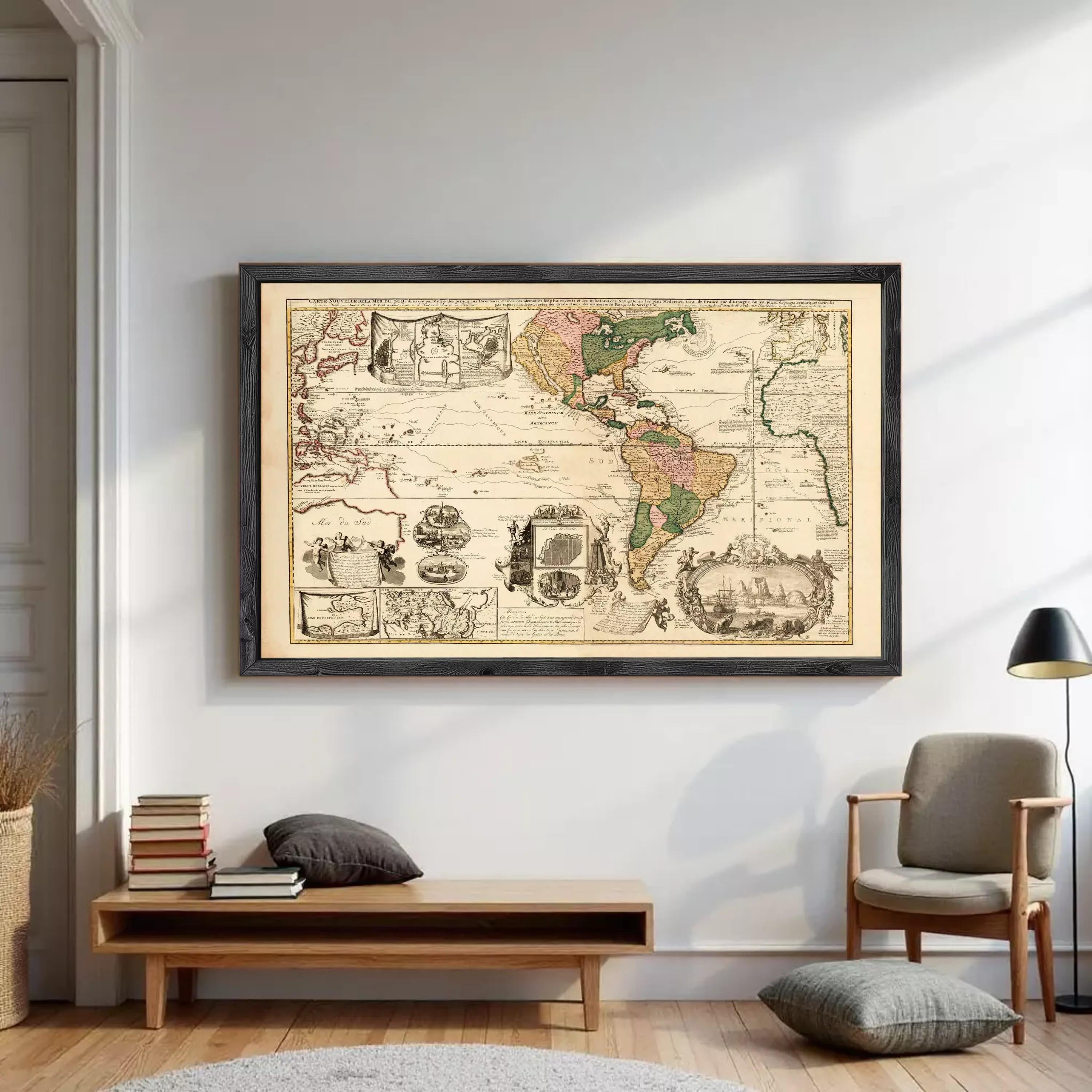 The image is a framed antique map of the world, depicting various regions and countries.