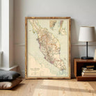 The image is a framed map of Malaysia, showing the country's geographical layout and surrounding areas.