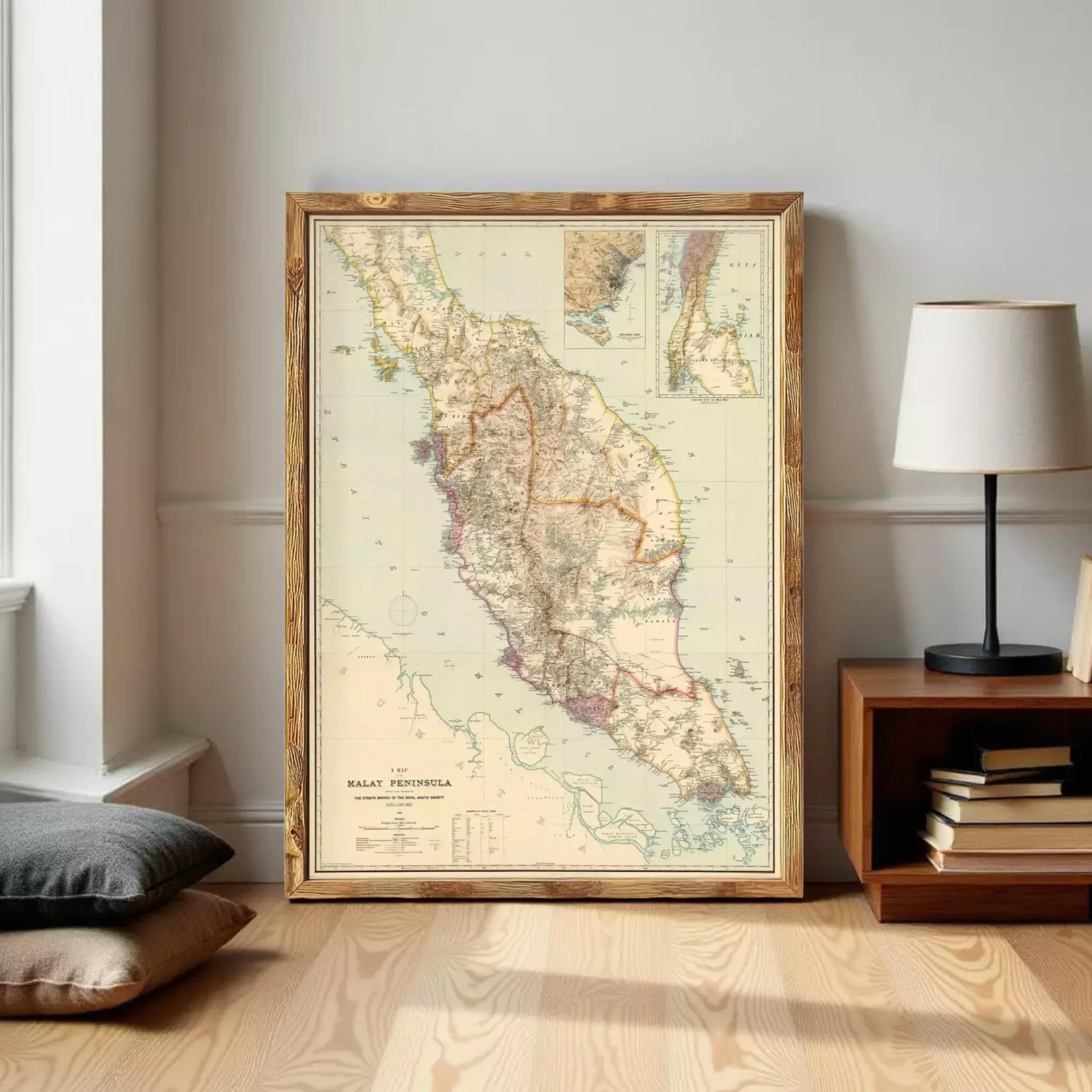 The image is a framed map of Malaysia, showing the country's geographical layout and surrounding areas.