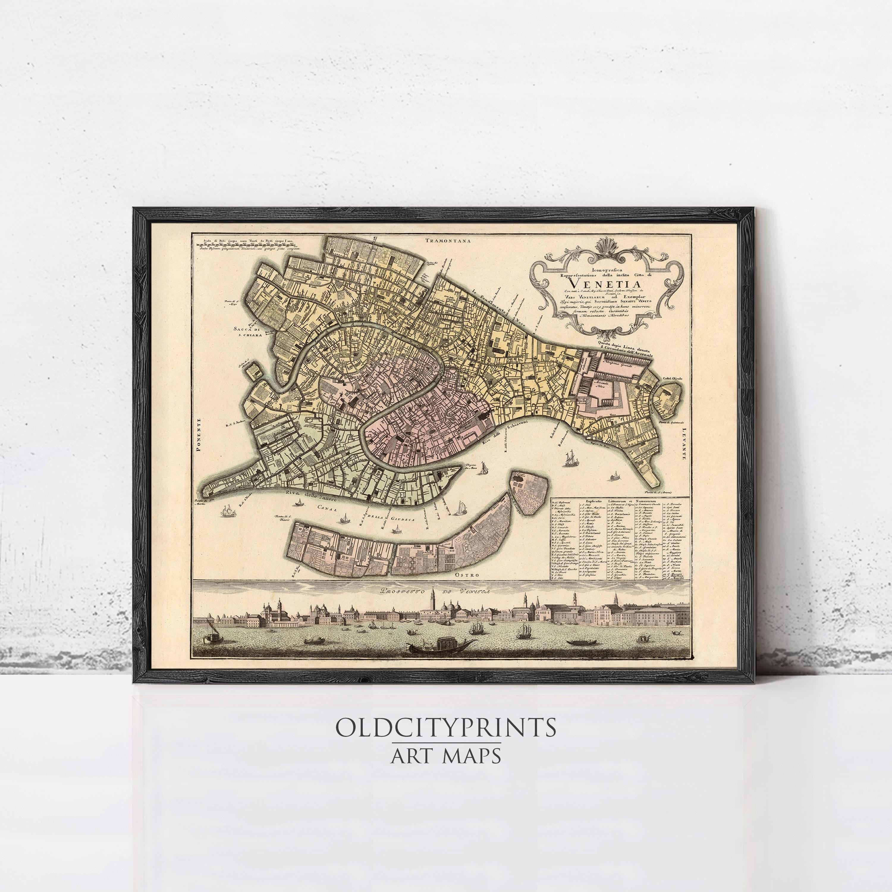 The image is a framed vintage map of Venice, Italy, depicting the city's layout and surrounding areas.
