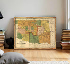 The image is a framed vintage map of the Indianola, Oklahoma region, depicting the state's boundaries and surrounding areas.