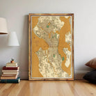 The image is a framed map of Seattle, Washington, with a wooden frame.