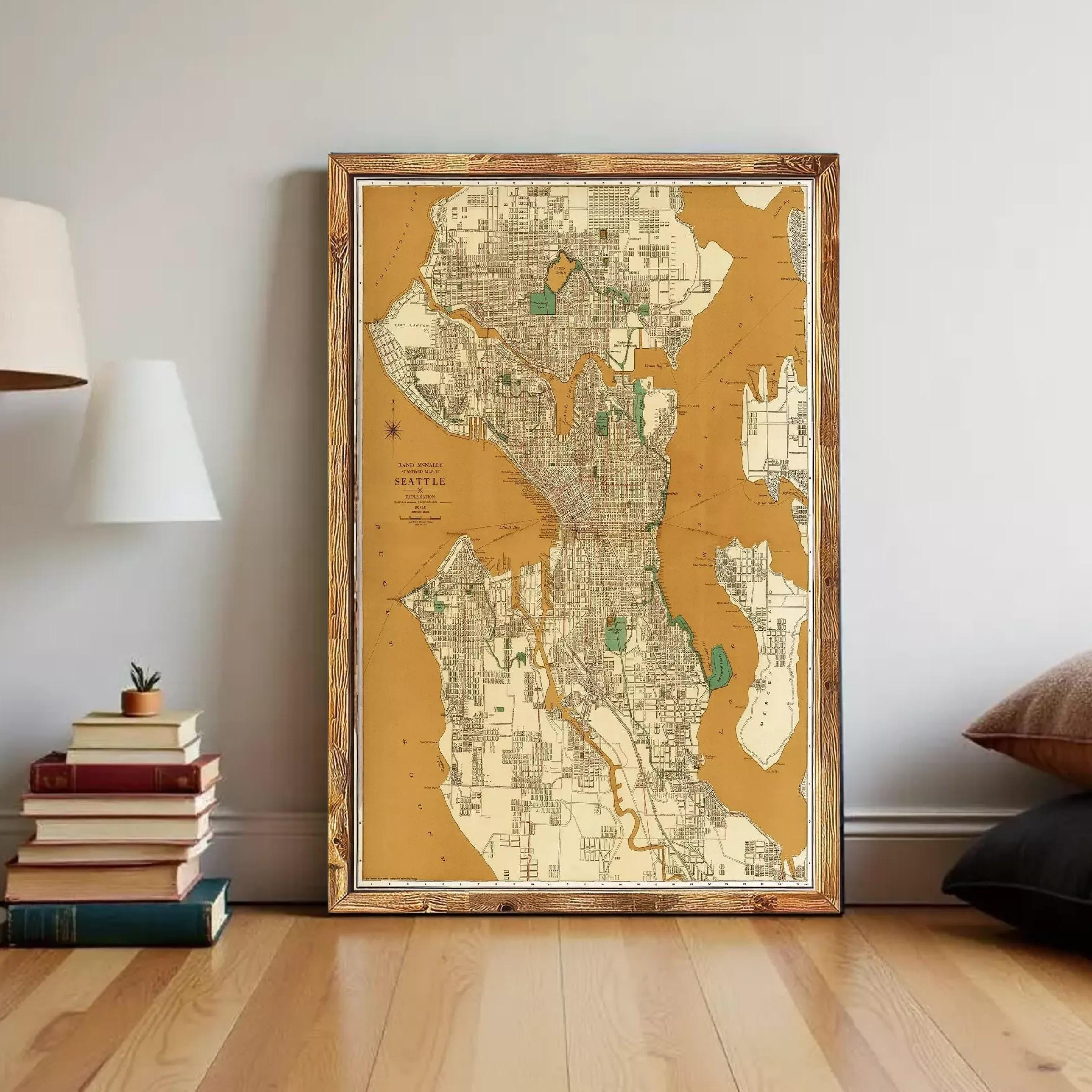 The image is a framed map of Seattle, Washington, with a wooden frame.