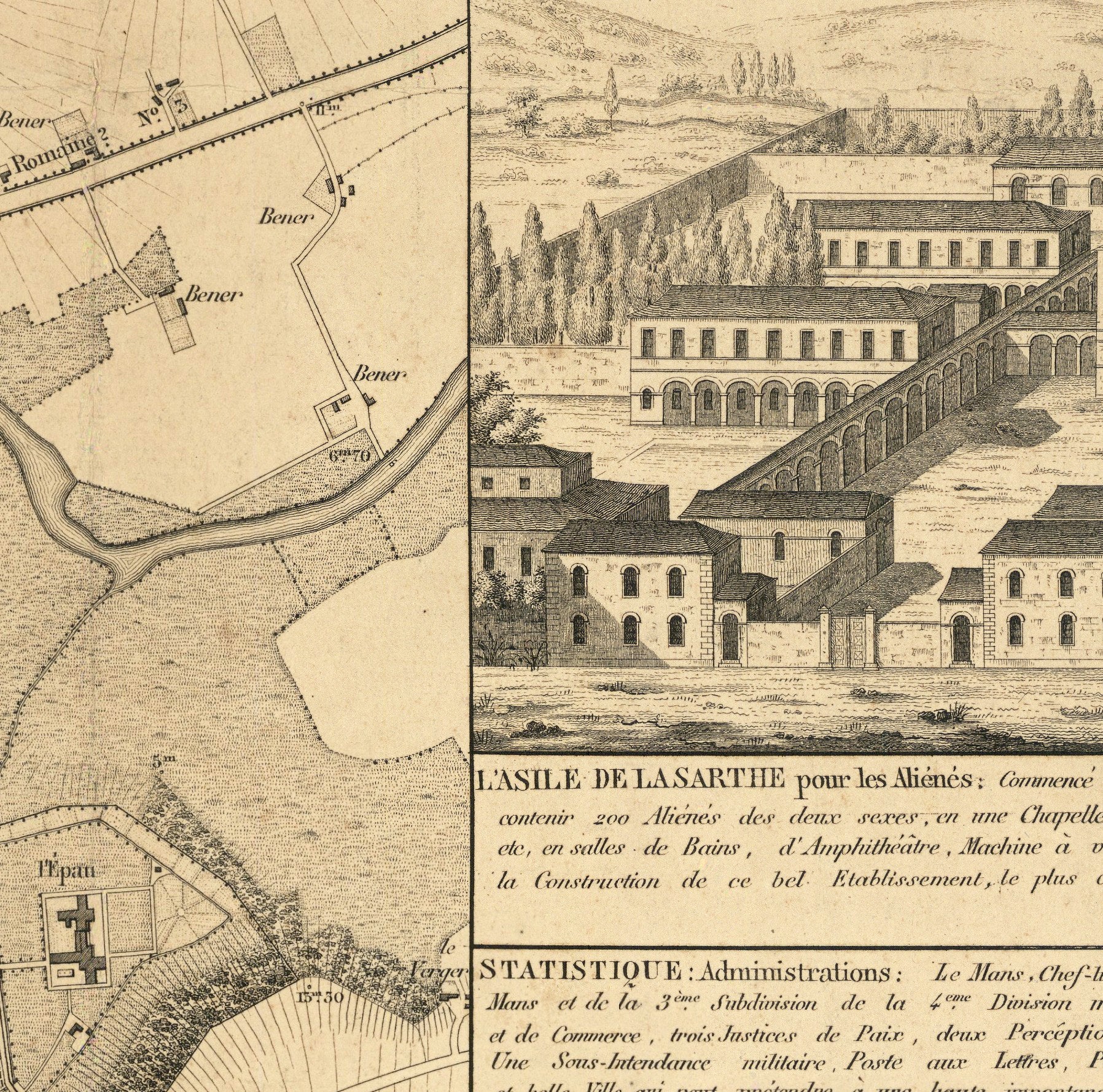 The image is a historical map and illustration depicting a city with buildings, a river, and a bridge.
