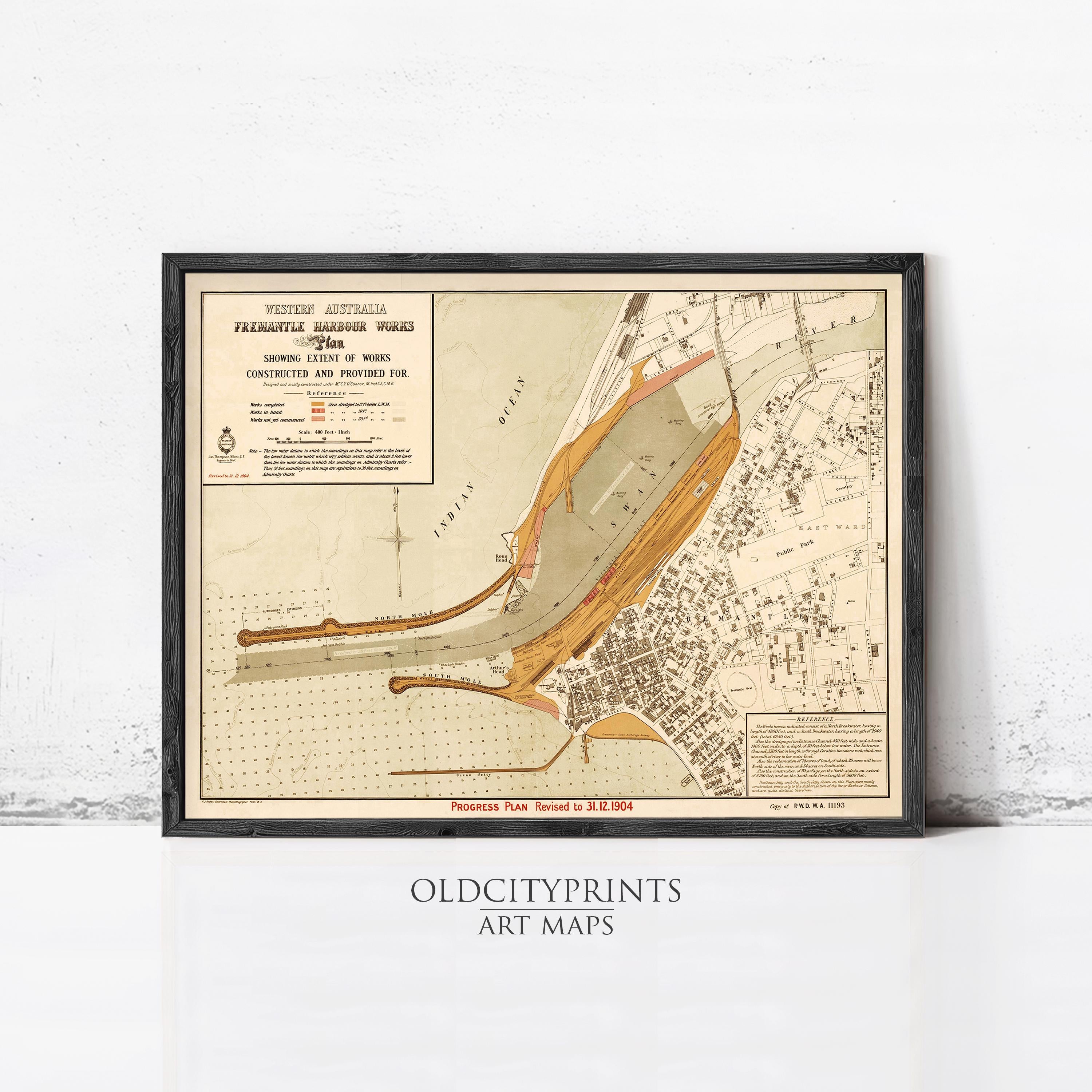 The image is a framed art map of Western Australia, showing the progress of works in the area.