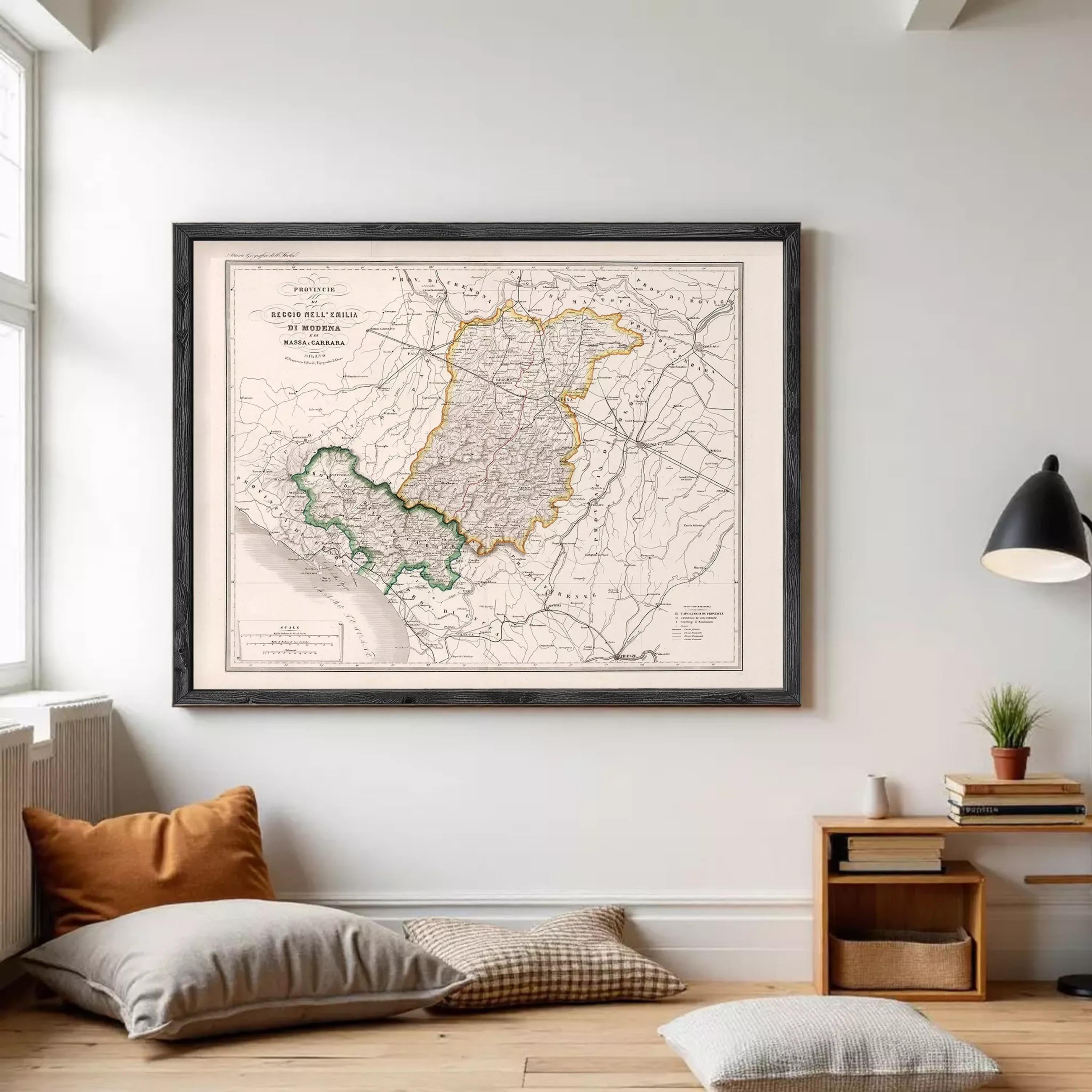 The image is a framed vintage map of a region, likely depicting a country or region, with various colored borders and detailed geographical information.