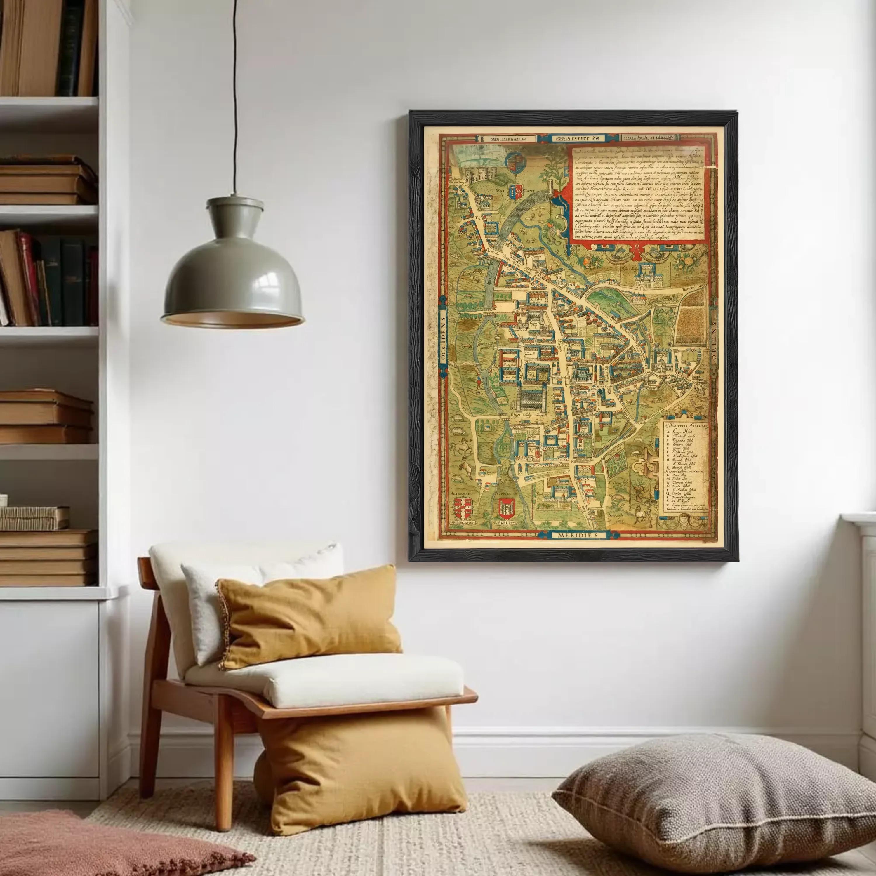 The image is a framed vintage map of a town or city, with detailed illustrations and labels.