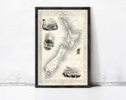 The image is a framed vintage map of New Zealand, featuring various landmarks and geographical features.