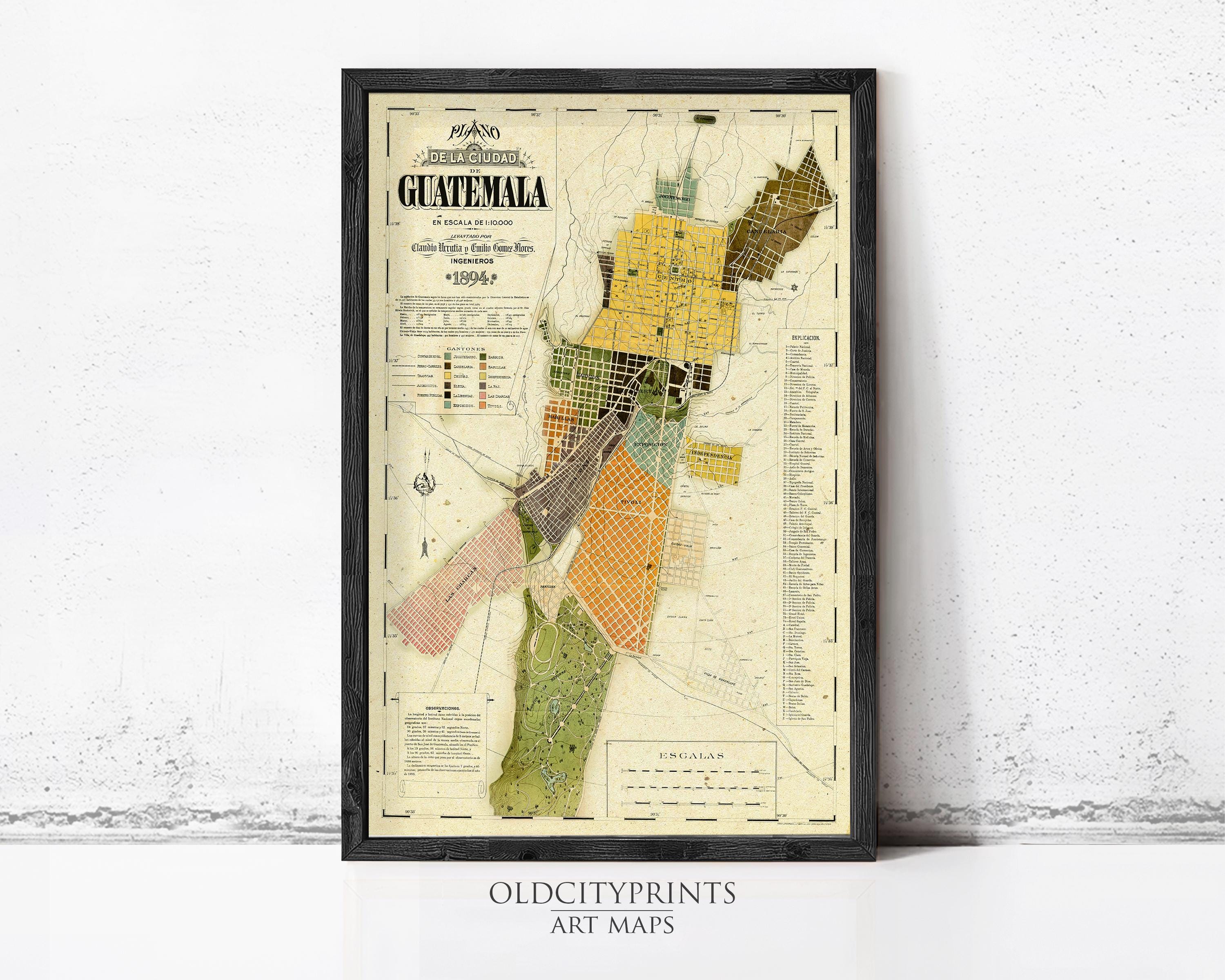 The image is a framed vintage map of Guatemala, depicting the country's geographical layout and boundaries.