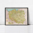 The image is a framed map of Poland, showing the country's roads and geographical layout.
