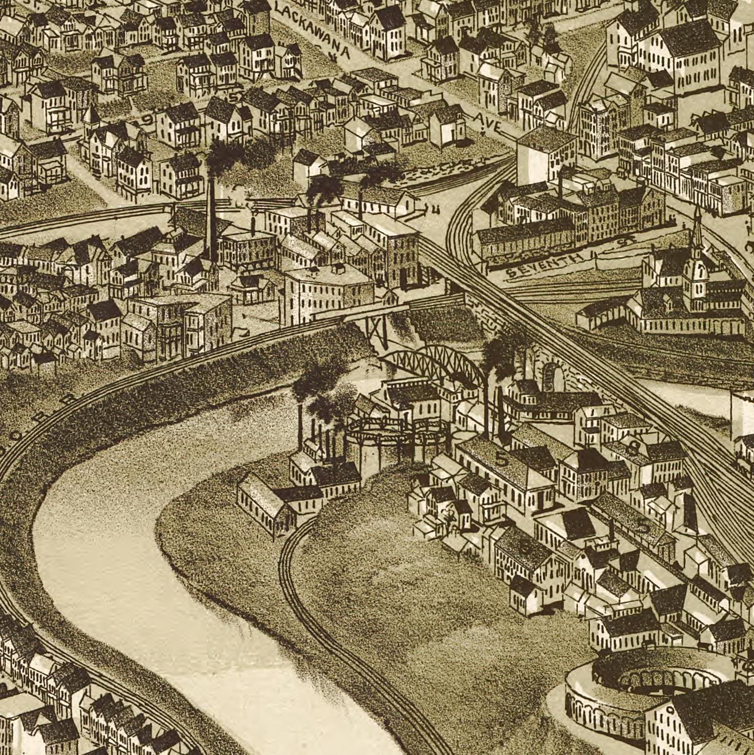 The image is a detailed black and white illustration of a cityscape, featuring a winding river, buildings, and a bridge.