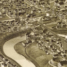 The image is a detailed black and white illustration of a cityscape, featuring a winding river, buildings, and a bridge.