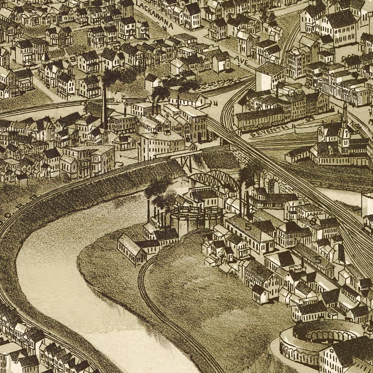 The image is a detailed black and white illustration of a cityscape, featuring a winding river, buildings, and a bridge.