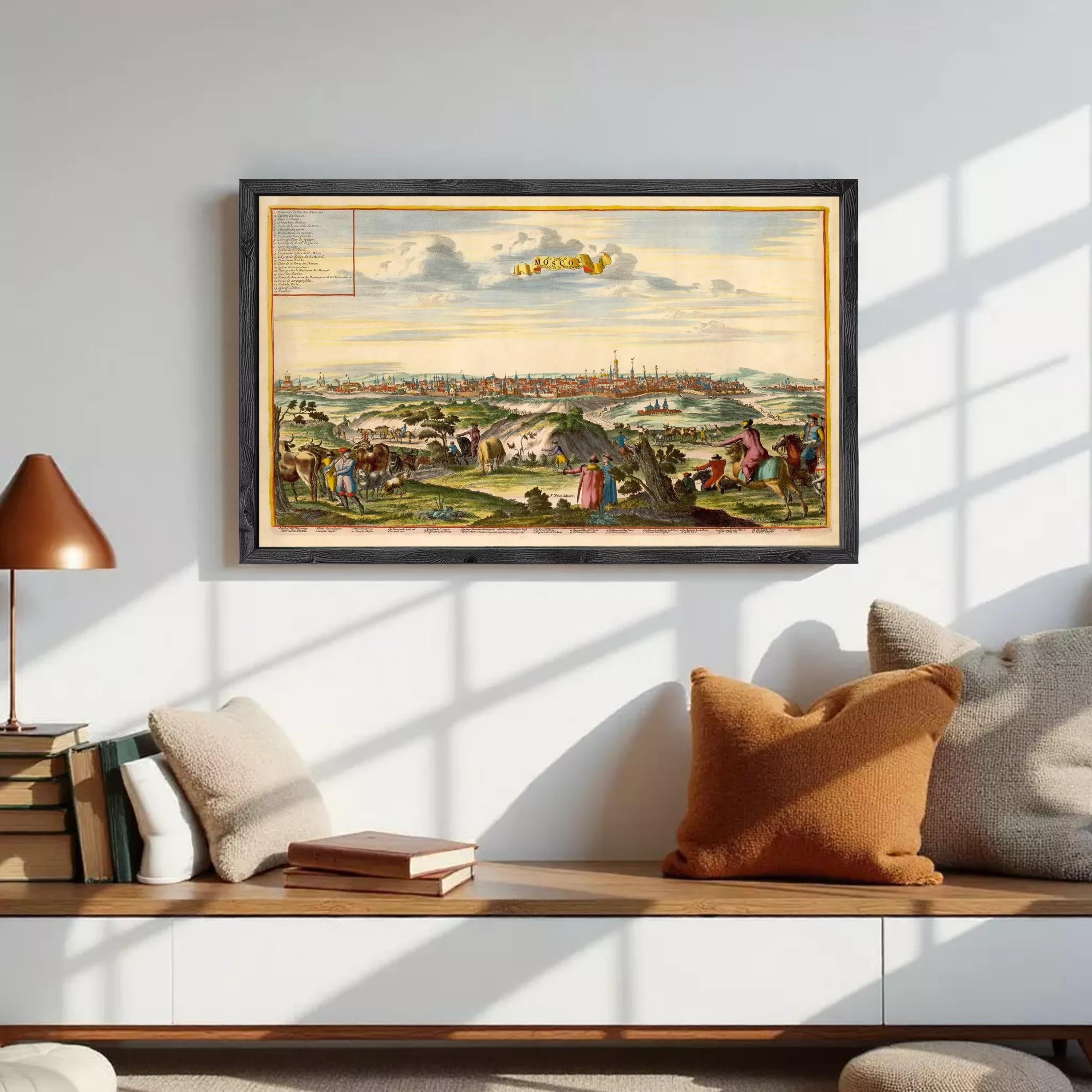 The image is a framed painting depicting a cityscape with people, horses, and buildings in the background.