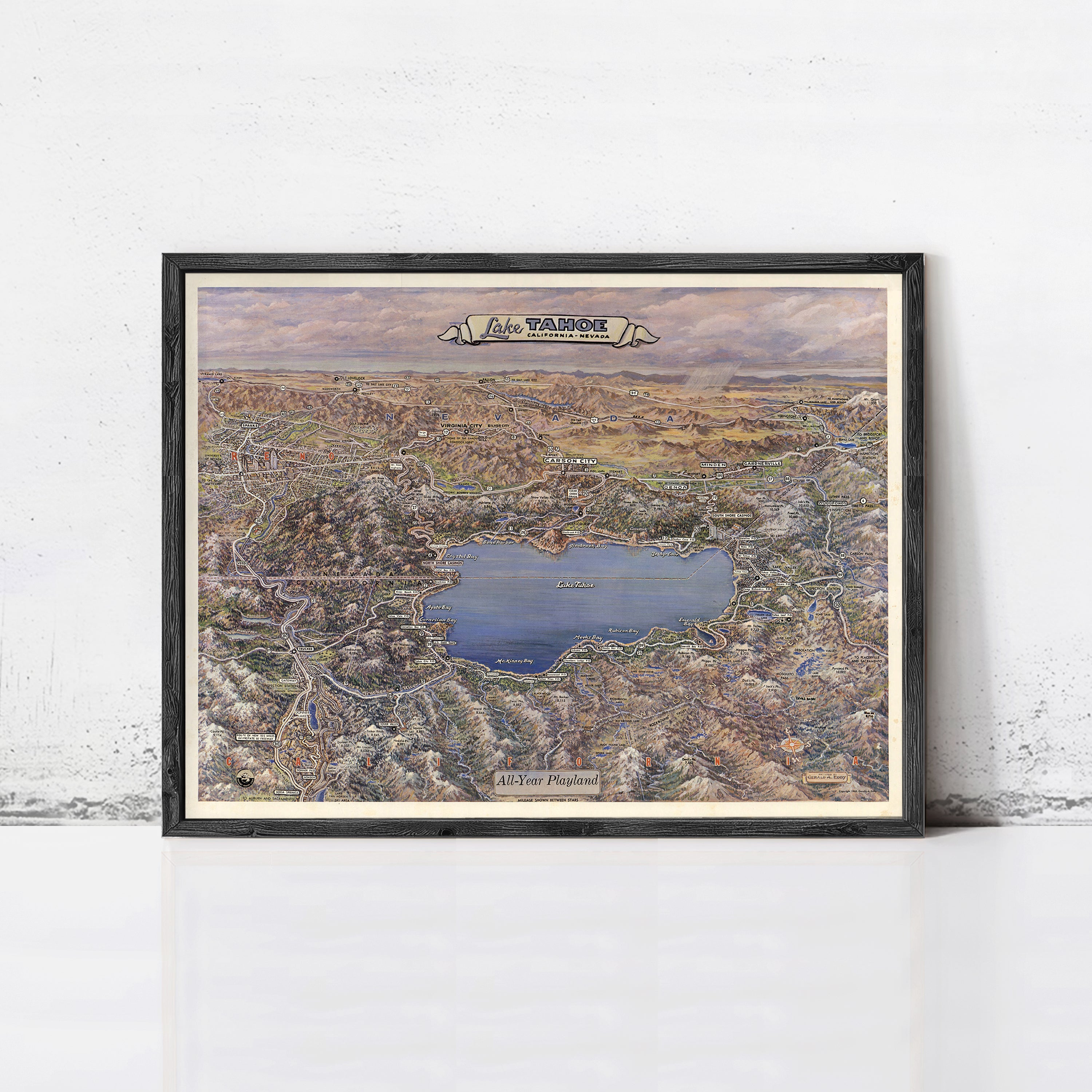 The image is a framed map of Lake Tana, depicting the surrounding landscape and the lake itself.