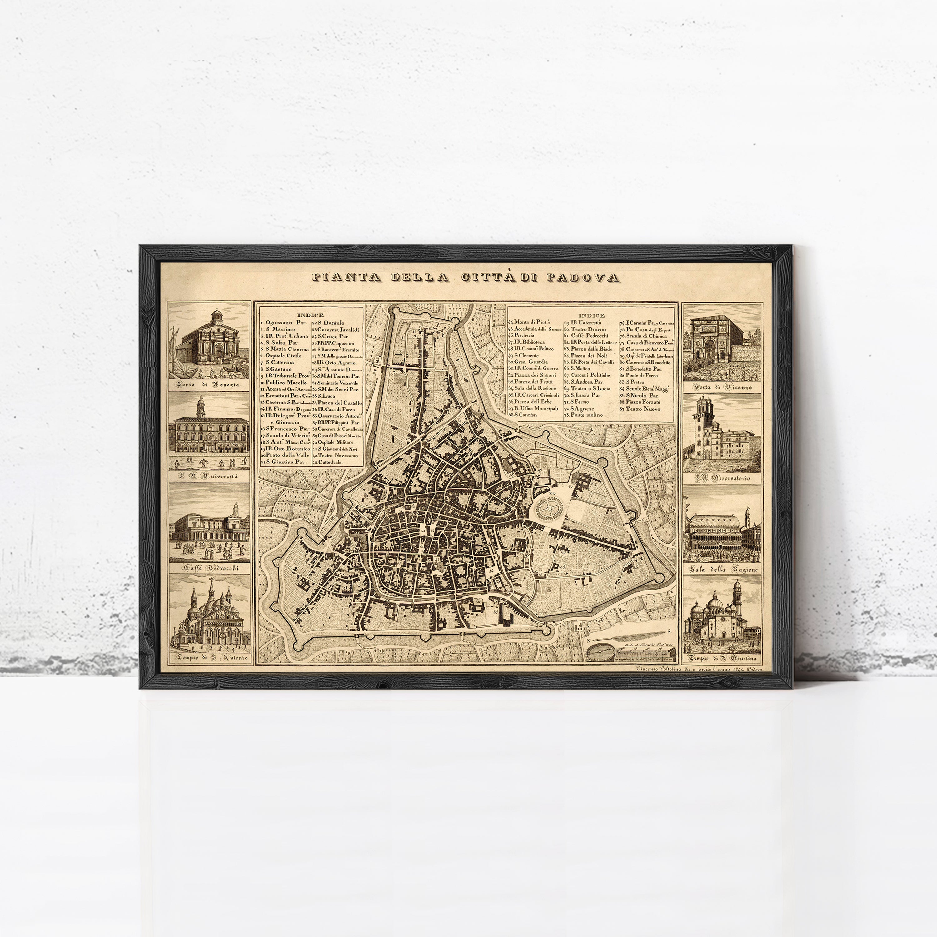 The image is a framed vintage map of Padua, Italy, depicting various landmarks and buildings in a detailed and intricate manner.