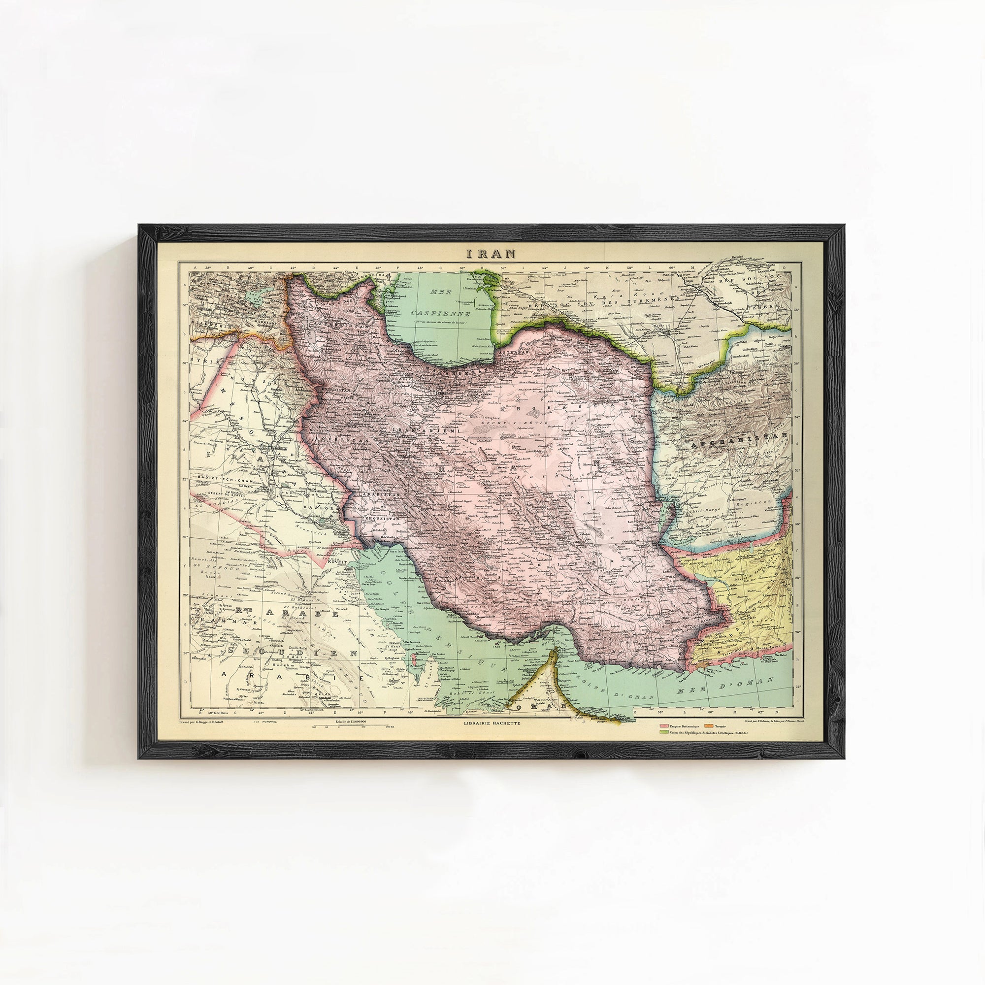 The image is a framed vintage map of Iran, depicting the country's geographical layout and surrounding areas.