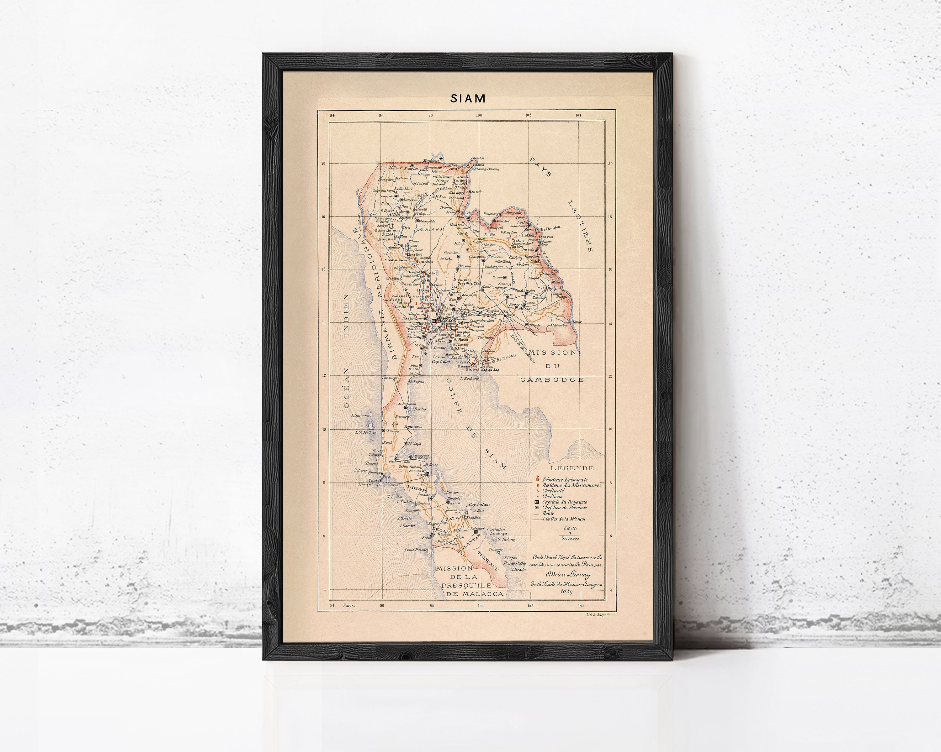 The image is a framed vintage map of Thailand, depicting the country's geographical layout and major cities.