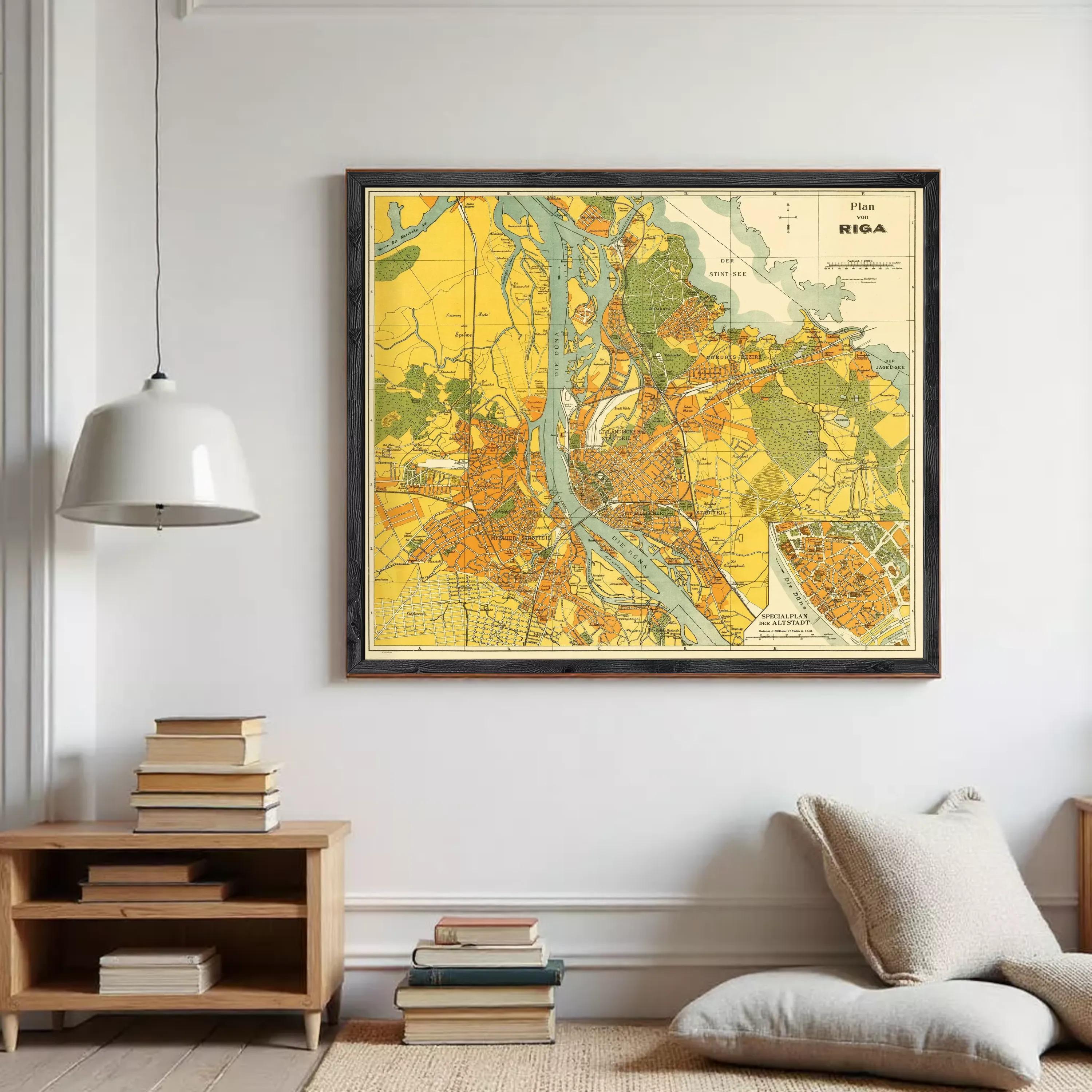 The image is a framed vintage map of Riga, Latvia, depicting the city and surrounding areas in a detailed and colorful manner.