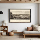 The image is a framed print depicting a cityscape with boats in the water, set against a cloudy sky.