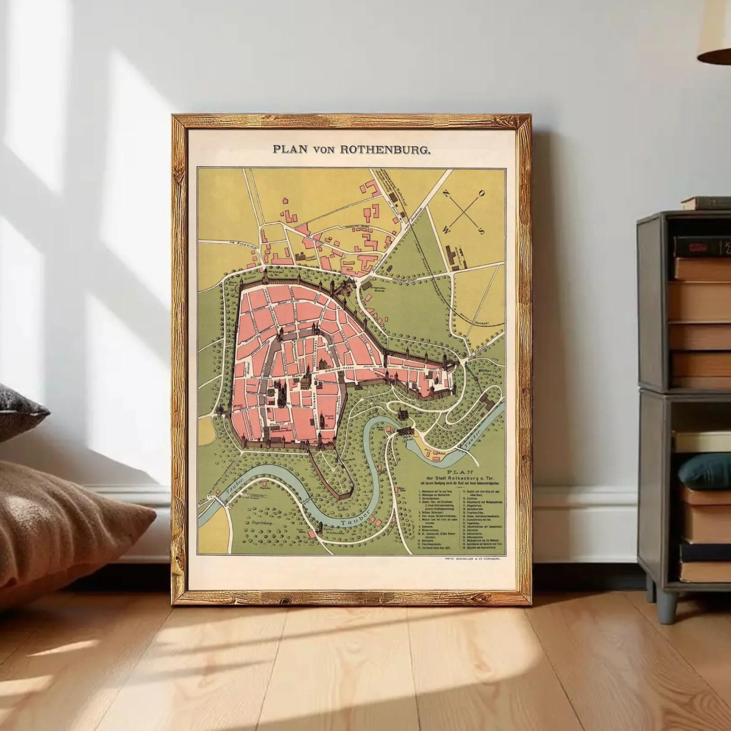 The image is a framed map of the city of Rothenburg, Germany, depicting the layout of the city and surrounding areas.