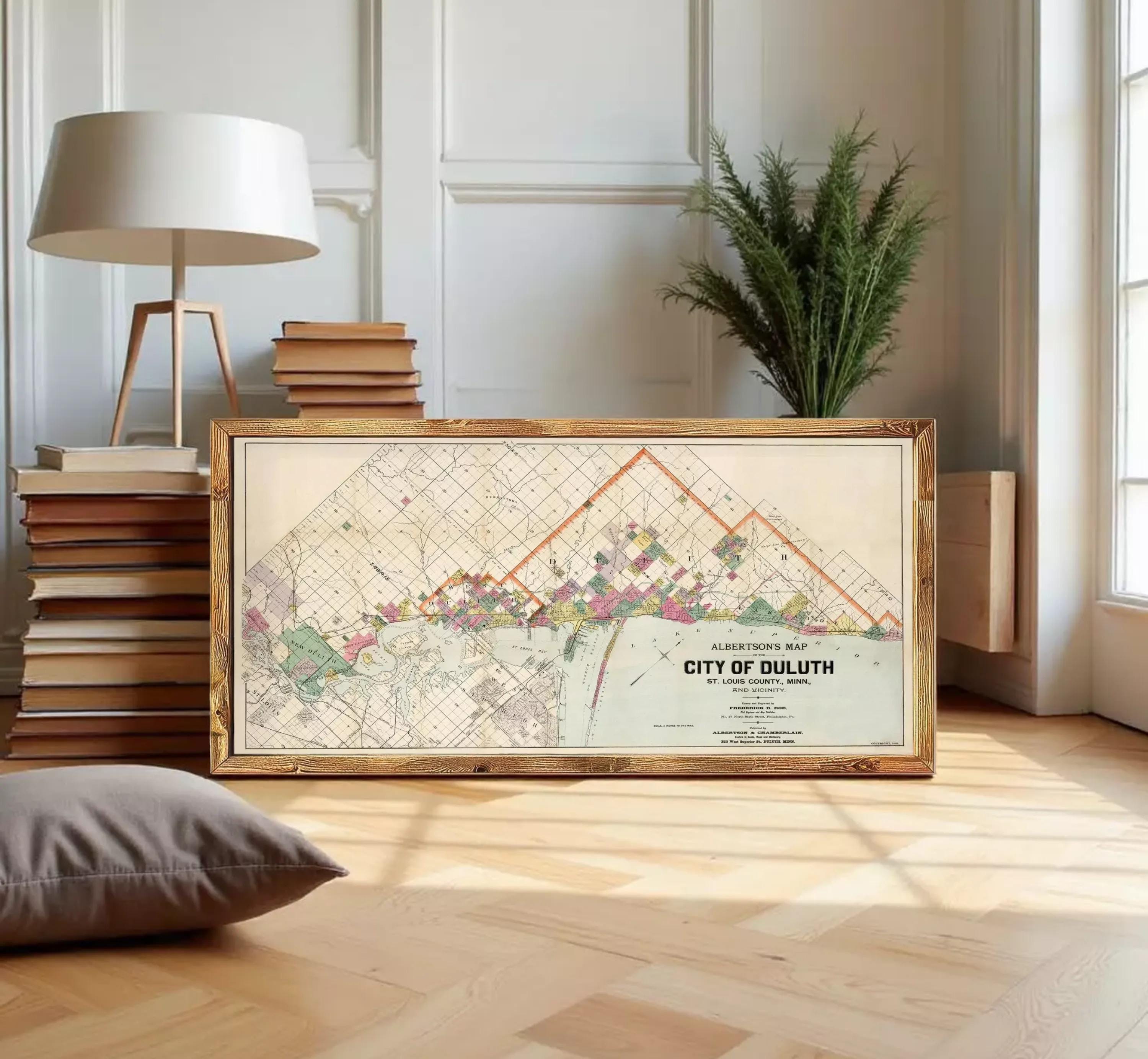 The image is a framed map of the City of Duluth, Minnesota, depicting the city's layout and surrounding areas.