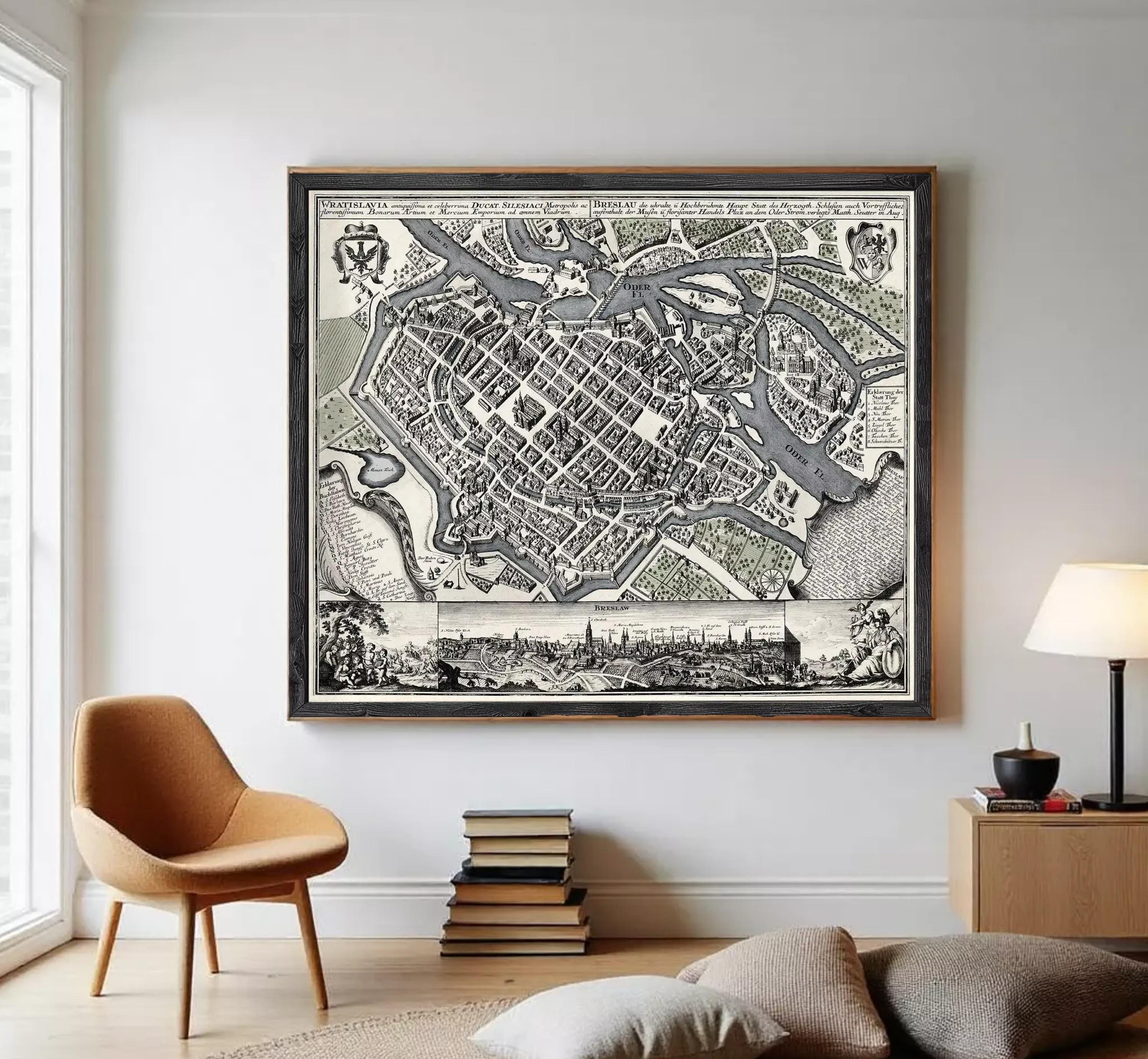 The image is a framed vintage map of a city, depicting a detailed layout of streets, buildings, and other urban features.