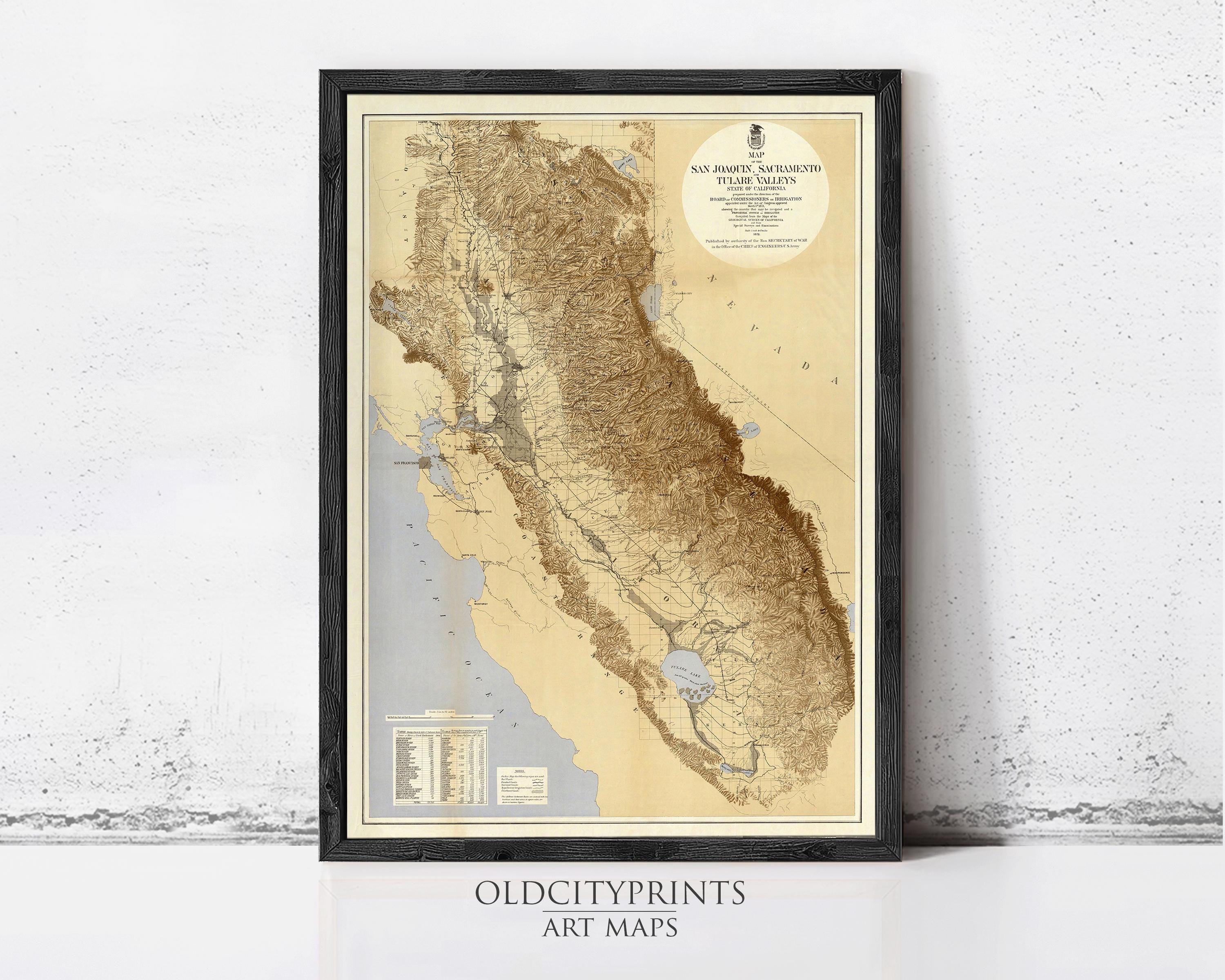 The image is a framed map of California, with a vintage style and a black border.