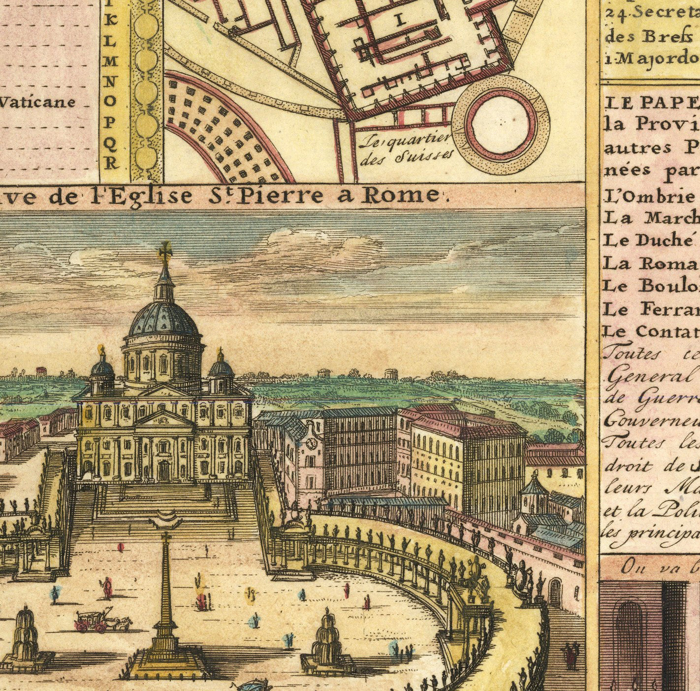 The image is a vintage map of the city of Rome, Italy, featuring the St. Peter's Basilica and other buildings in the foreground, as well as a detailed illustration of the city's layout and architecture.