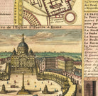 The image is a vintage map of the city of Rome, Italy, featuring the St. Peter's Basilica and other buildings in the foreground, as well as a detailed illustration of the city's layout and architecture.