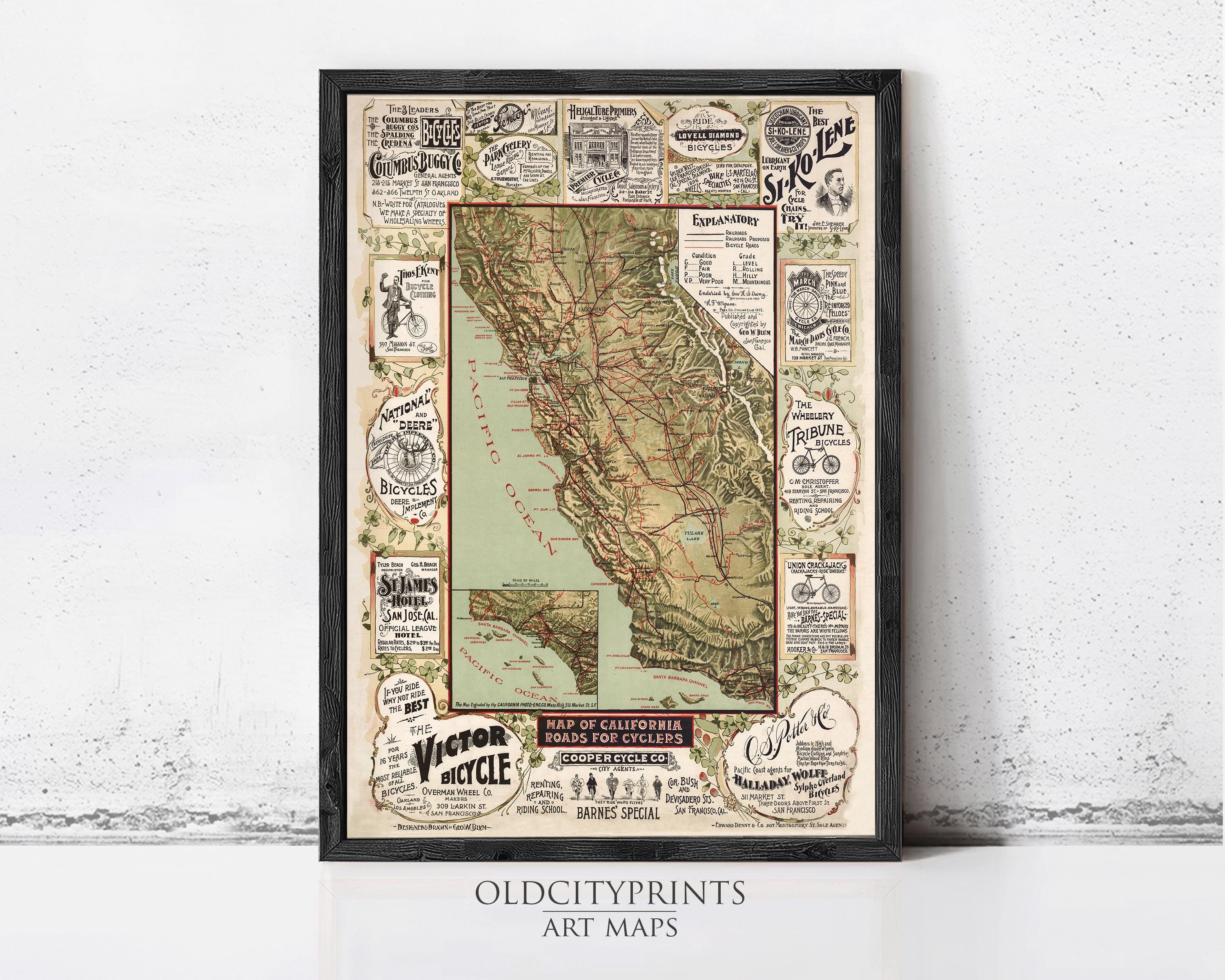 The image is a framed vintage map of California, featuring various advertisements and illustrations surrounding the map.