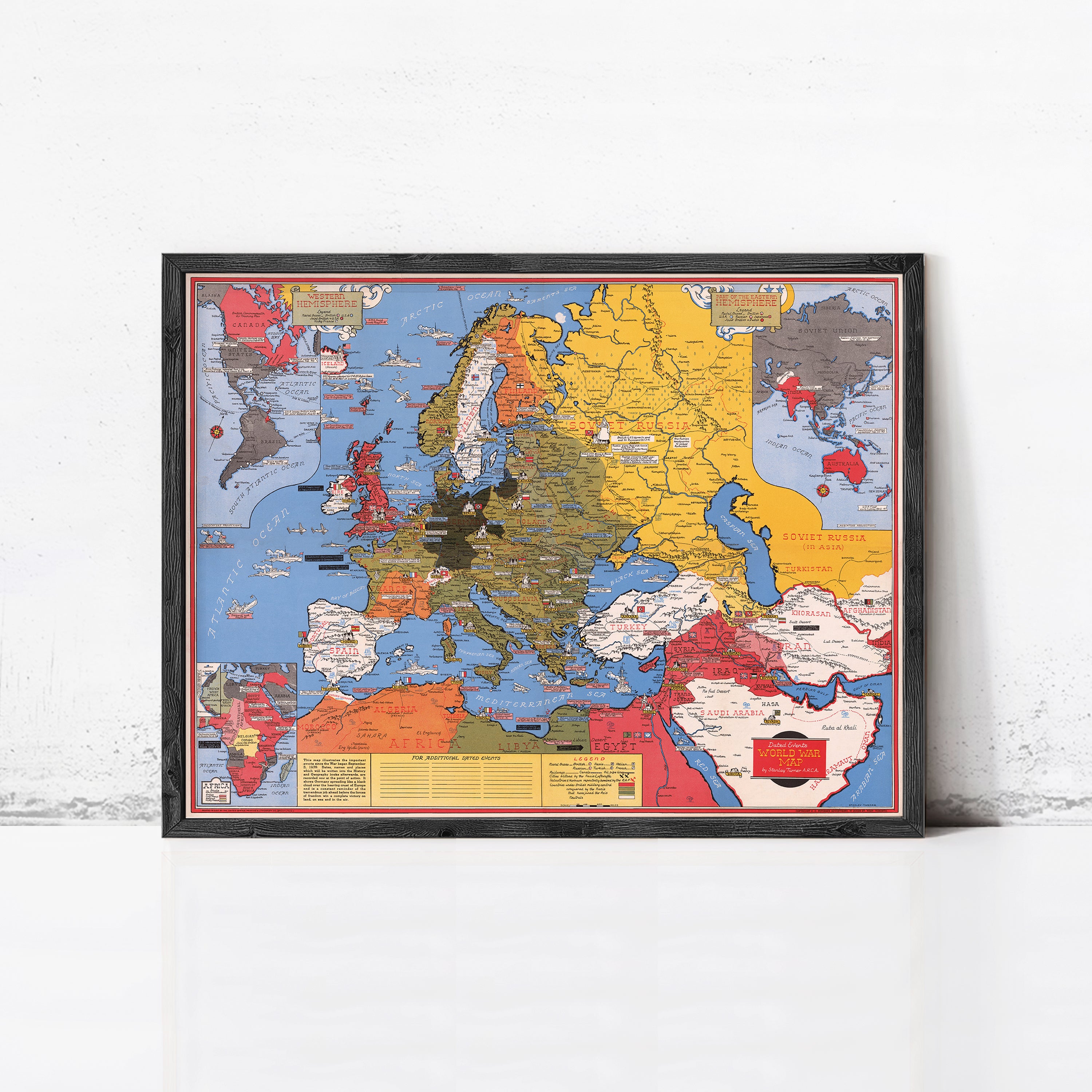 The image is a framed map of Europe, Asia, and the Middle East, depicting various countries and regions in different colors.
