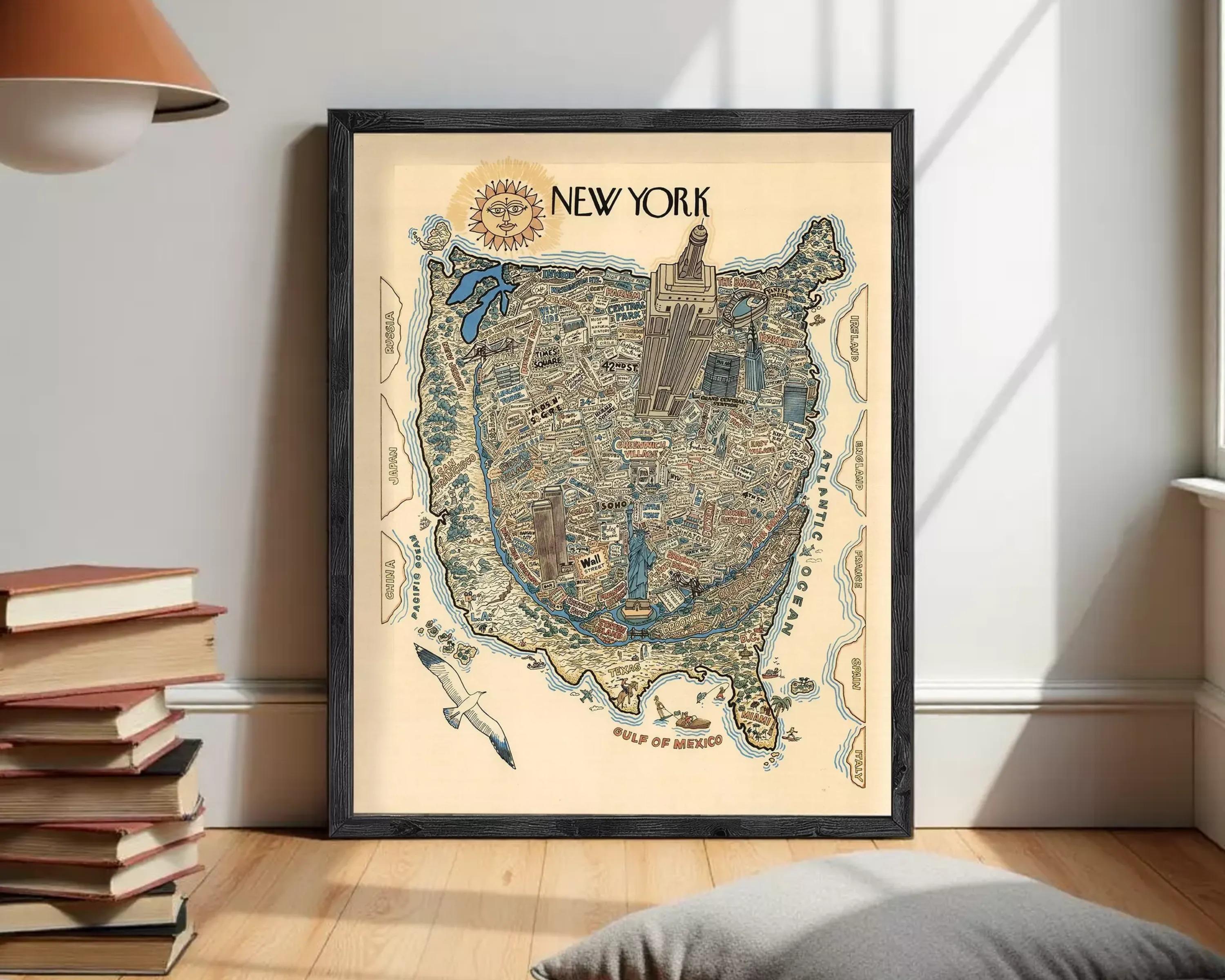 The image is a framed vintage map of New York, depicting various landmarks and locations within the city.