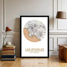 A framed map of Los Angeles, California, with the text "Los Angeles" and "34° N 38° W" indicating the location and north, south, and west directions respectively.