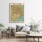 a living room with a large framed map of Cote d'Azur hanging on the wall above a couch with pillows. The room also includes a coffee table with books and a vase of greenery.