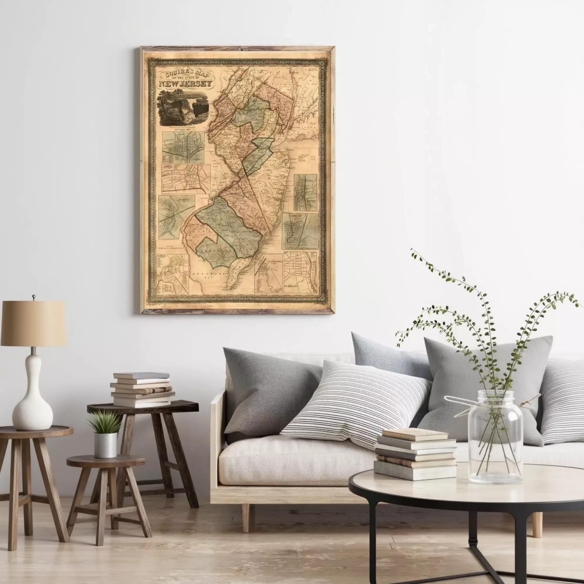 a living room with a large framed map of New Jersey hanging on the wall above a couch with pillows. The room also includes a coffee table with books and a vase of greenery.