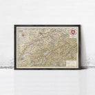The image is a framed map of Switzerland, depicting various geographical features and locations.