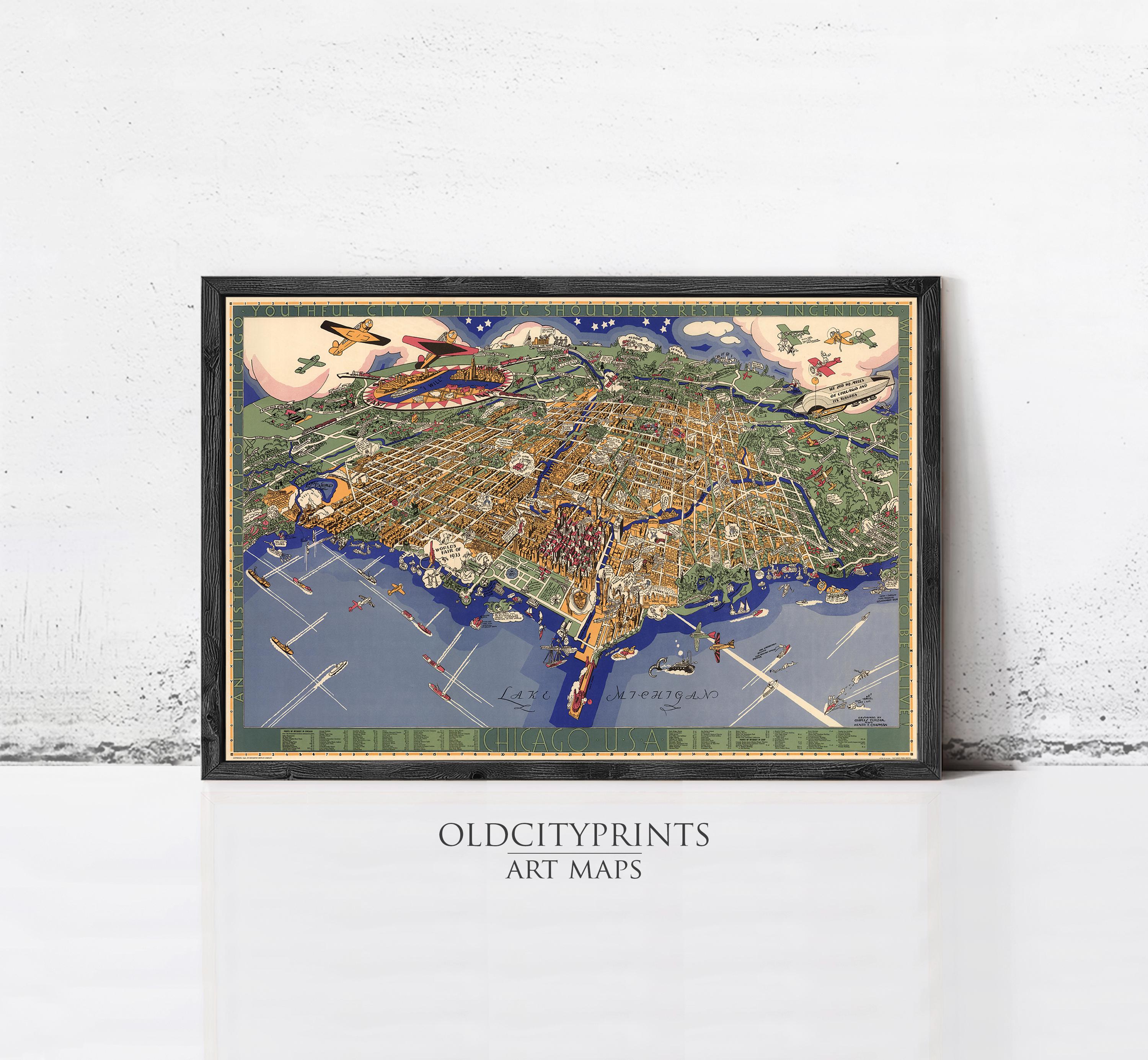 The image is a framed art print depicting a detailed map of a city, with various landmarks and streets clearly visible.