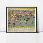 The image is a framed vintage map of a coastal city, depicting a bustling harbor filled with ships and boats.