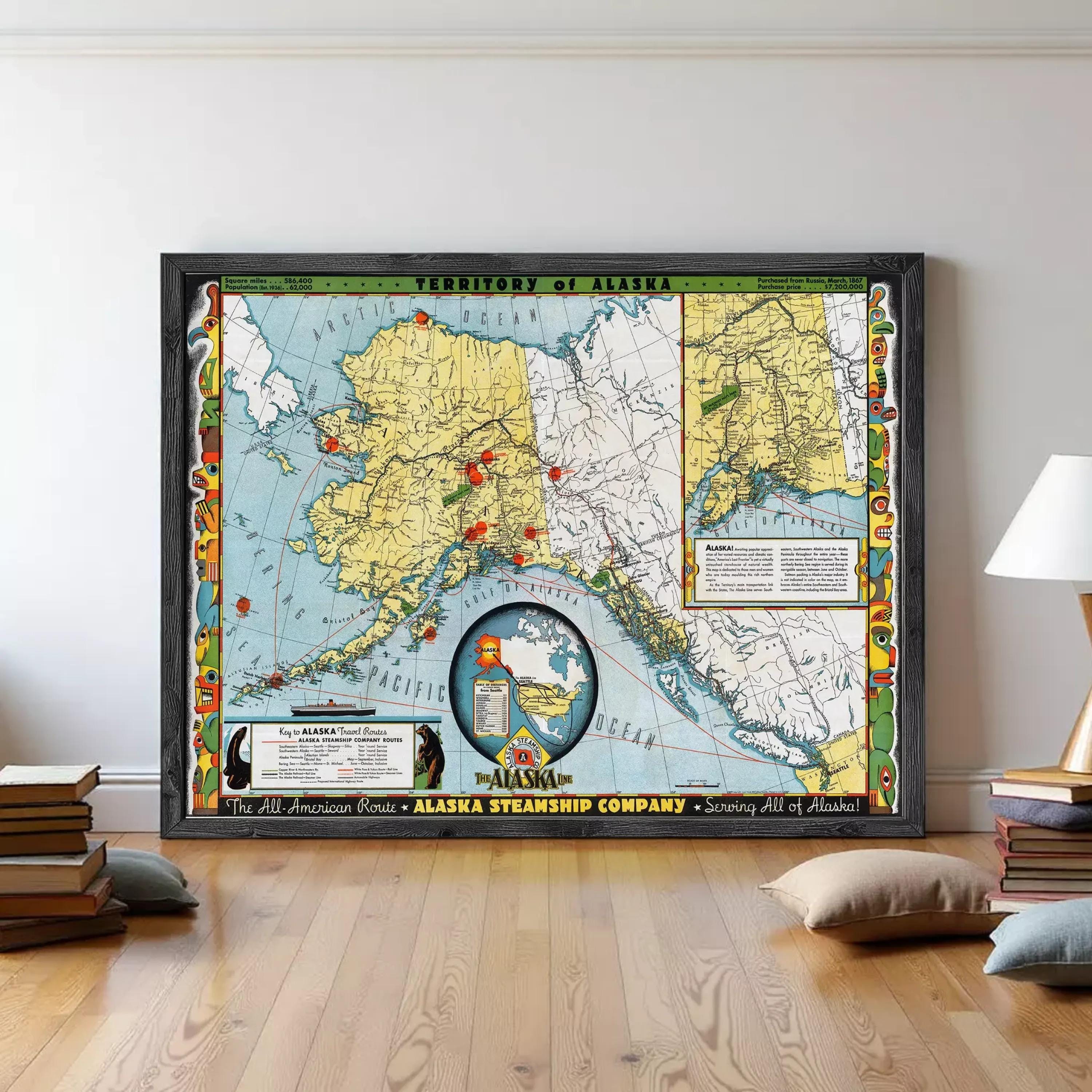 The image is a framed vintage map of Alaska, depicting the territory of Alaska and the Alaska Strait.
