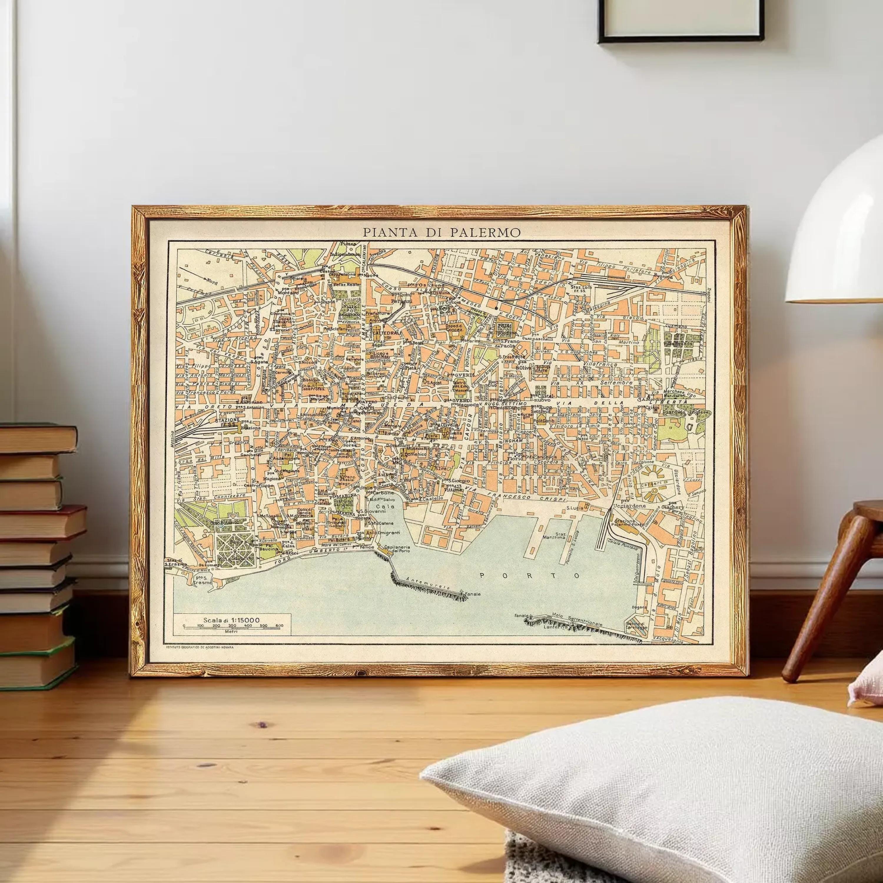 The image is a framed vintage map of the city of Palermo, Italy, depicting the city's streets, landmarks, and surrounding areas.