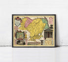 The image is a framed vintage map of the Nubia region, which includes illustrations of the Roman Colosseum, a temple, and other landmarks.