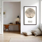 a cozy and well-organized living space with a desk, chair, and bookshelf. The room has a warm and inviting atmosphere, with a large circular map of Berlin hanging on the wall.