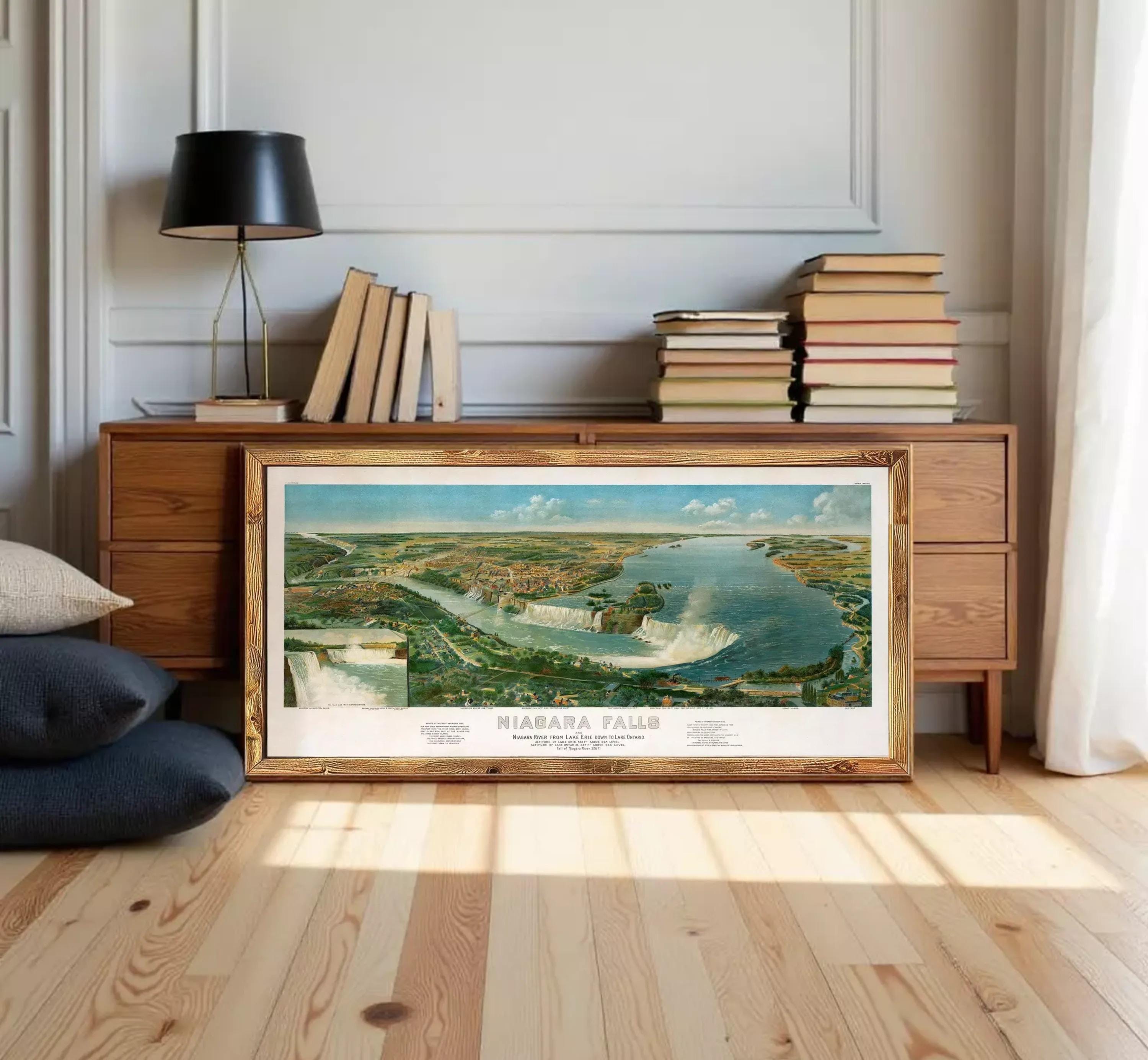 A framed painting depicting Niagara Falls, a famous waterfall located in the United States.