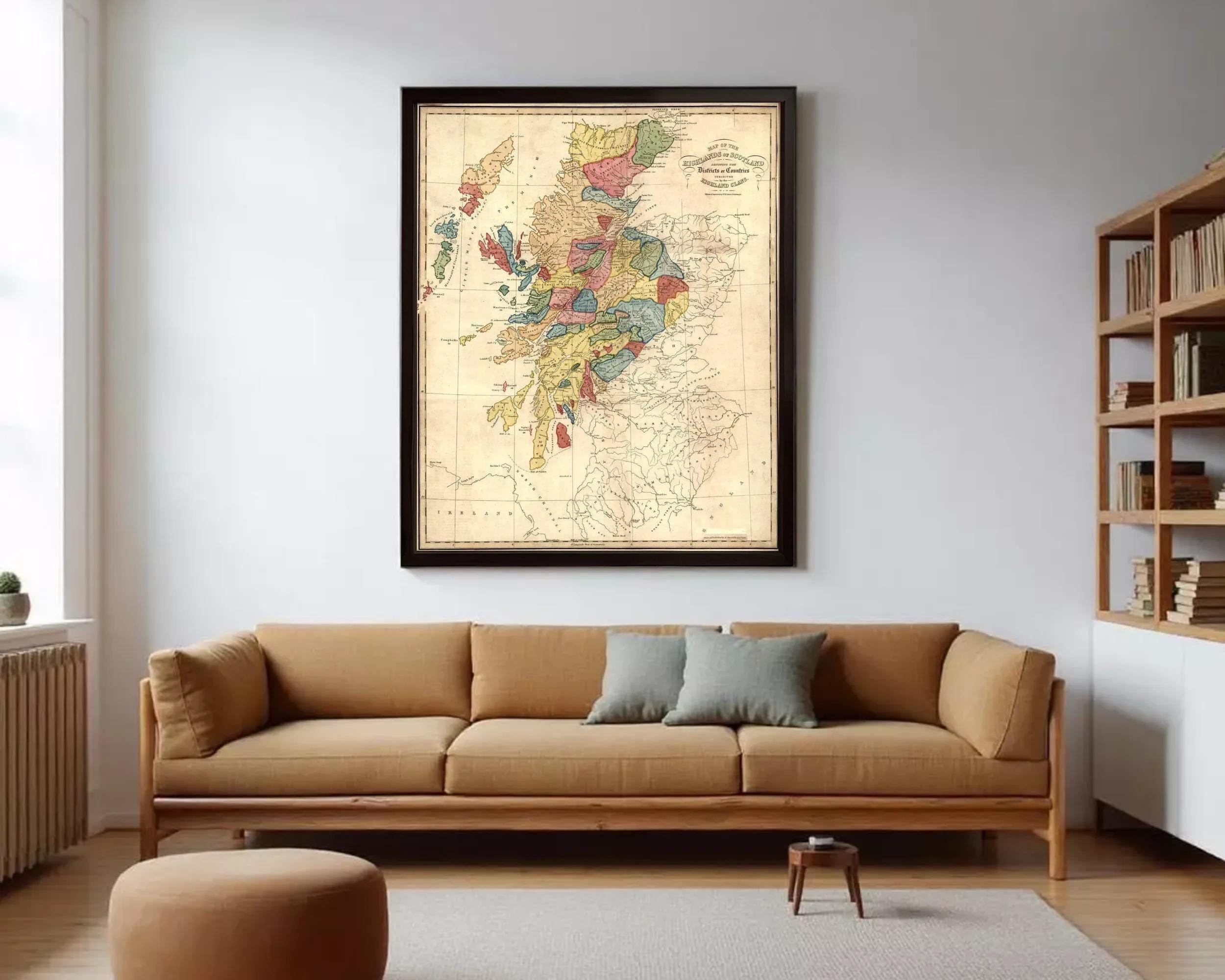 The image is a framed historical map of Scotland, depicting the country's geographical layout and boundaries.