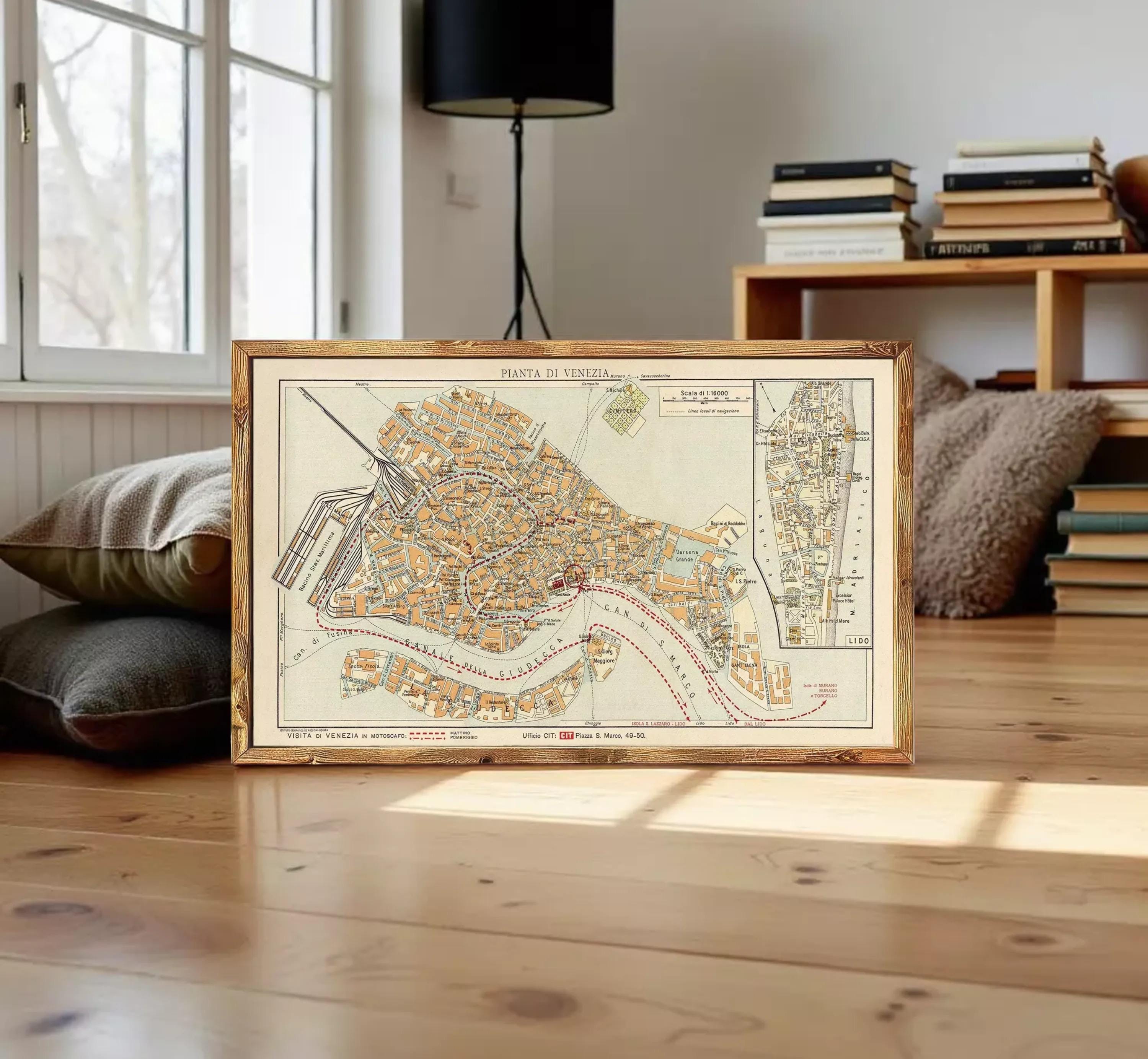 The image is a framed vintage map of Venice, Italy, depicting the city's layout and waterways.