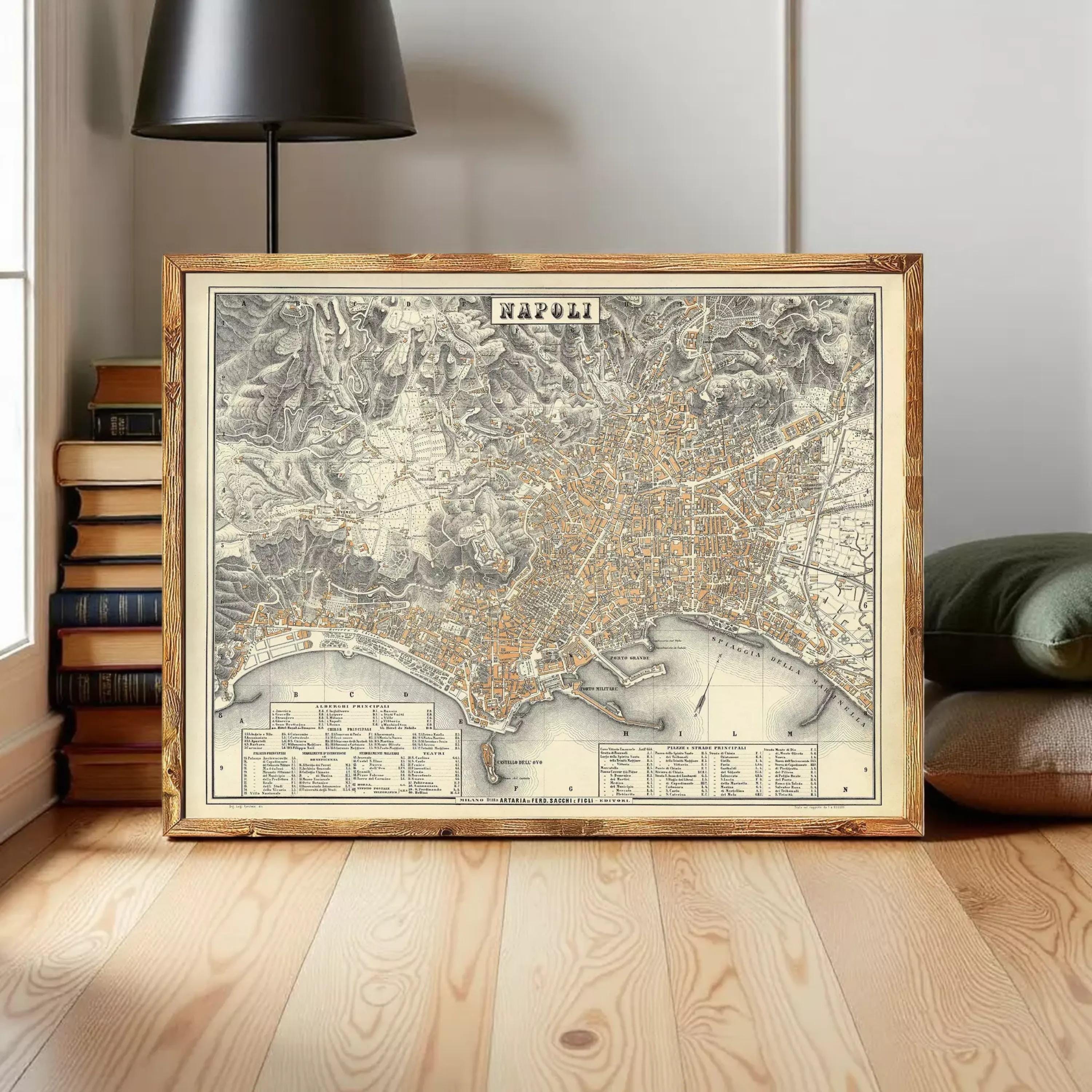 The image is a framed vintage map of the city of Naples, Italy.