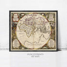 The image is a framed antique map of the world, featuring intricate details and decorative elements.